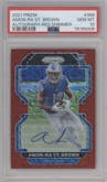 Amon-Ra St. Brown from the 2021 Panini Prizm set featuring a Red Shimmer parallel graded by PSA and given an overall grade of 10.