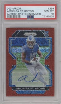 Amon-Ra St. Brown from the 2021 Panini Prizm set featuring a Red Shimmer parallel graded by PSA and given an overall grade of 10.