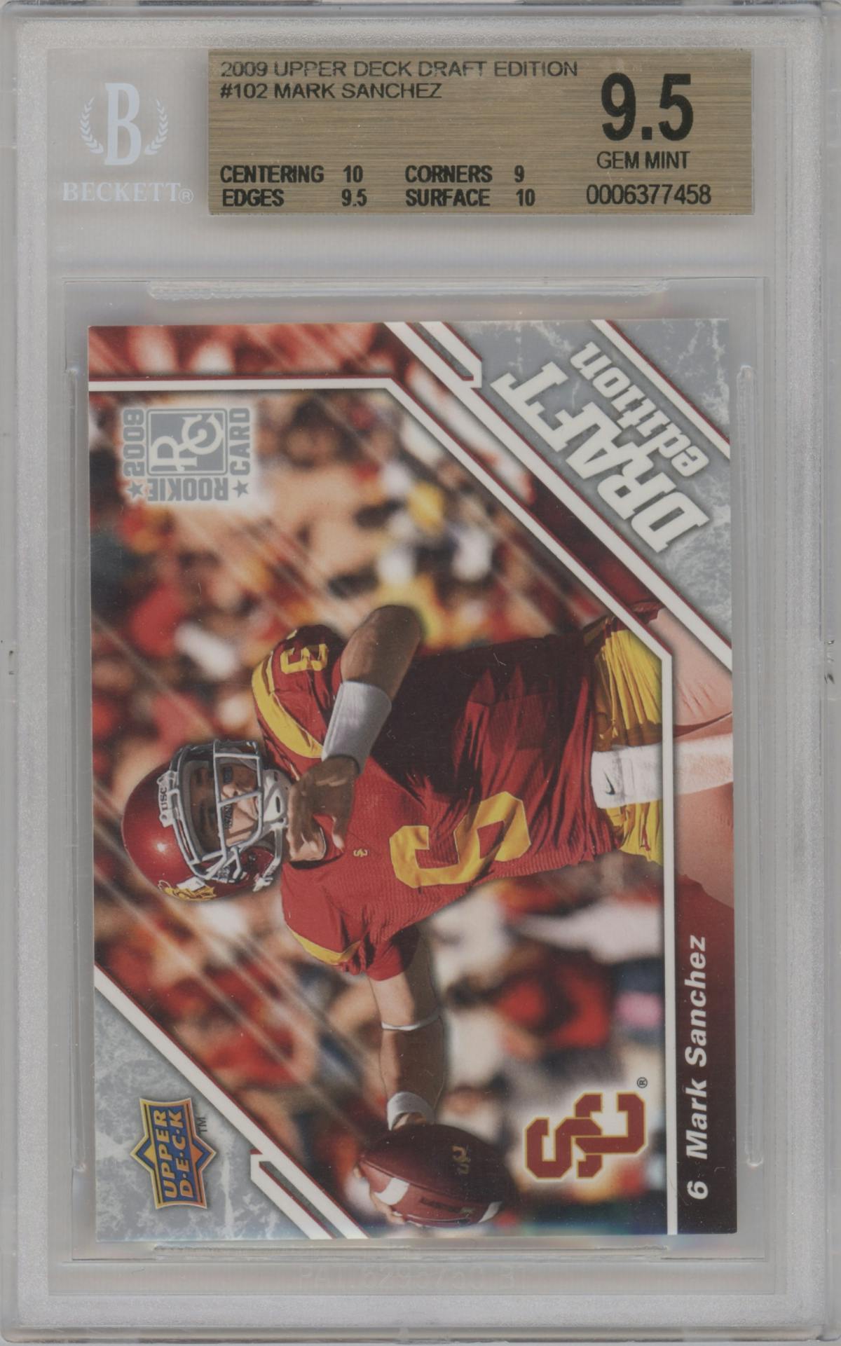 Mark Sanchez from the 2009 Upper Deck Draft Edition set graded by Beckett and given an overall grade of 9.5.
