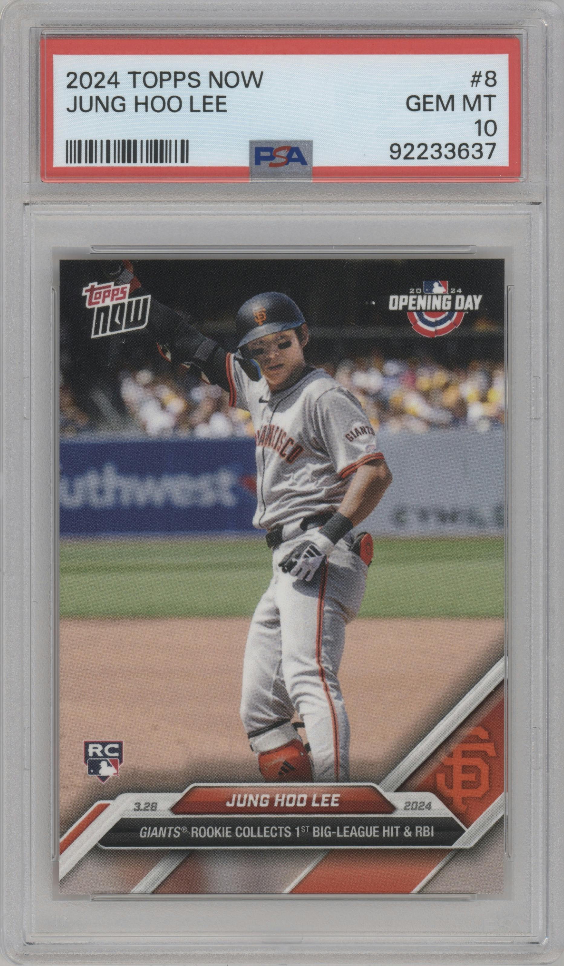Jung Hoo Lee from the 2024 Topps Now set graded by PSA and given an overall grade of 10.