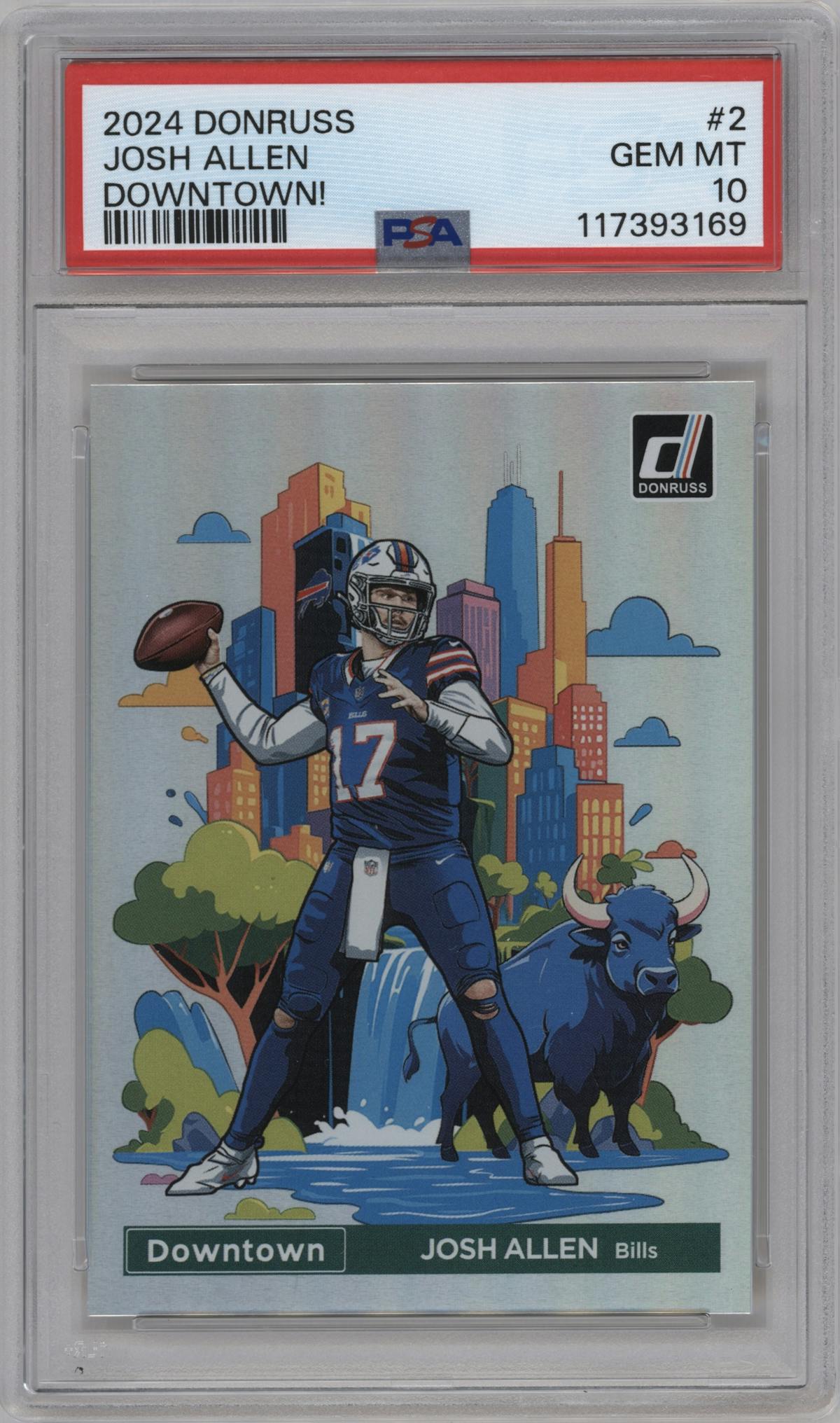 Josh Allen from the 2024 Donruss set graded by PSA and given an overall grade of 10.