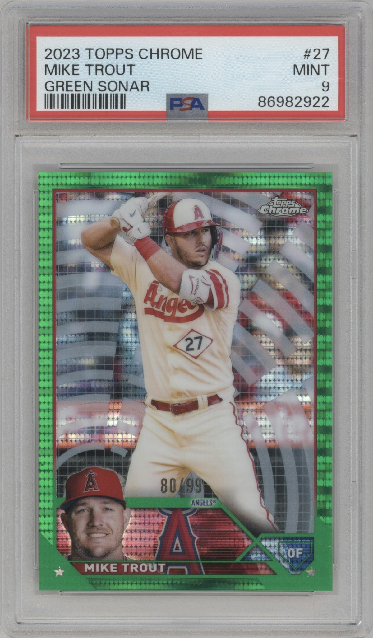 Mike Trout from the 2023 Topps Chrome set featuring a Green Sonar Refractor parallel graded by PSA and given an overall grade of 9.