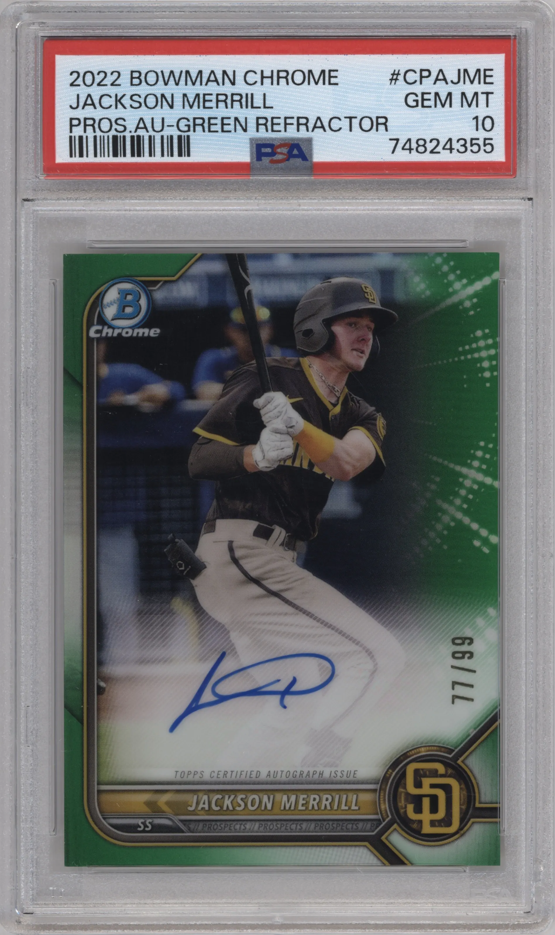 2022 Bowman Chrome Pros.Auto Jackson Merrill Green Refractor #CPA-JME PSA 10