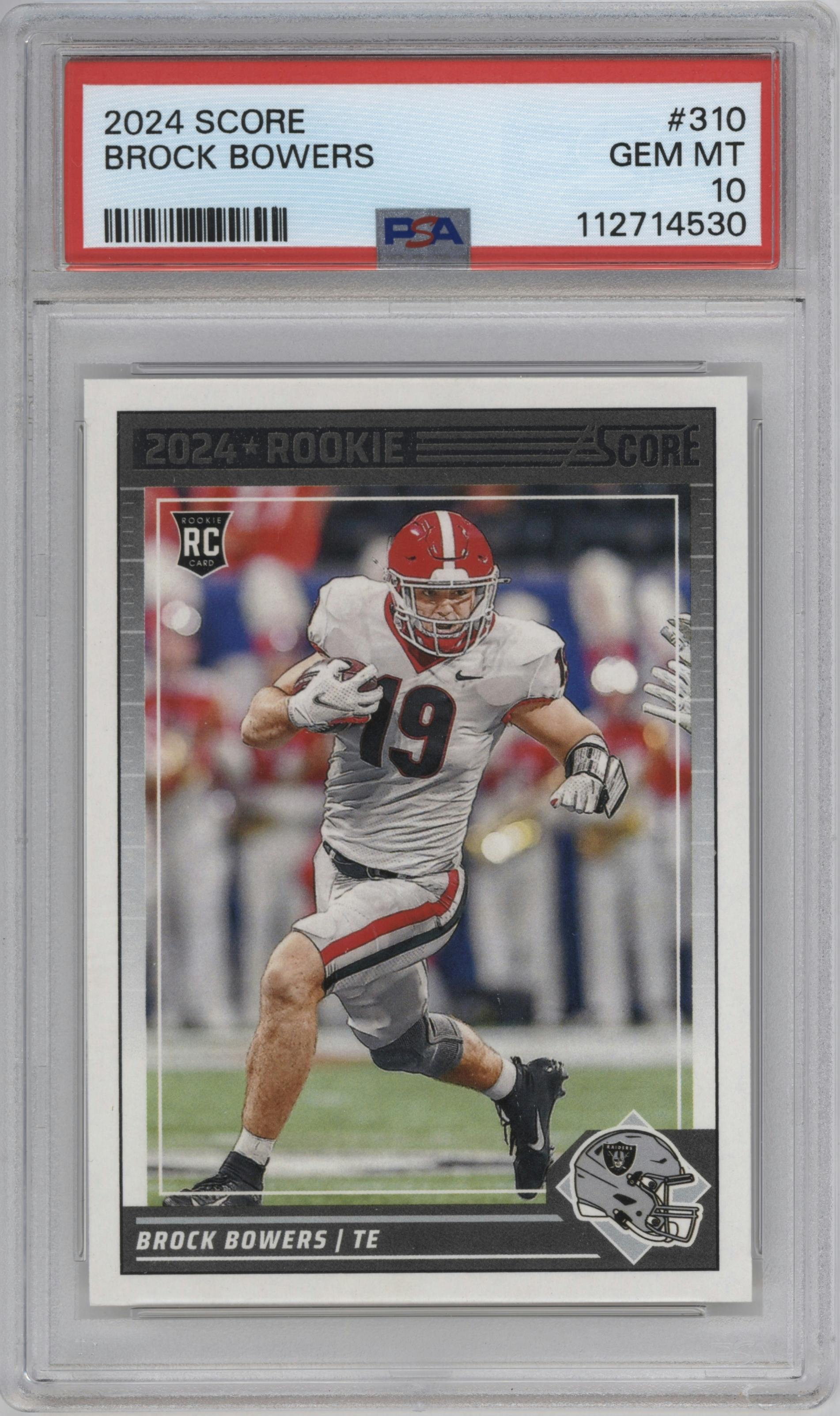 Brock Bowers from the 2024 Panini Score set graded by PSA and given an overall grade of 10.