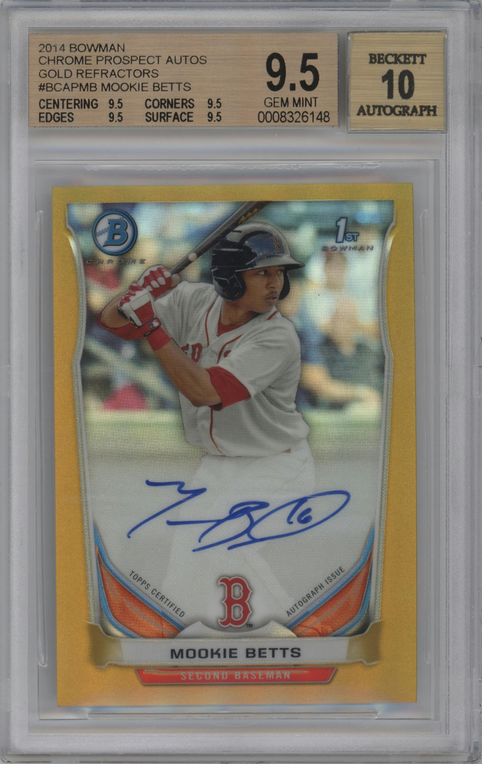 Mookie Betts from the 2014 Bowman set featuring a Gold Refractor parallel graded by Beckett and given an overall grade of 9.5.