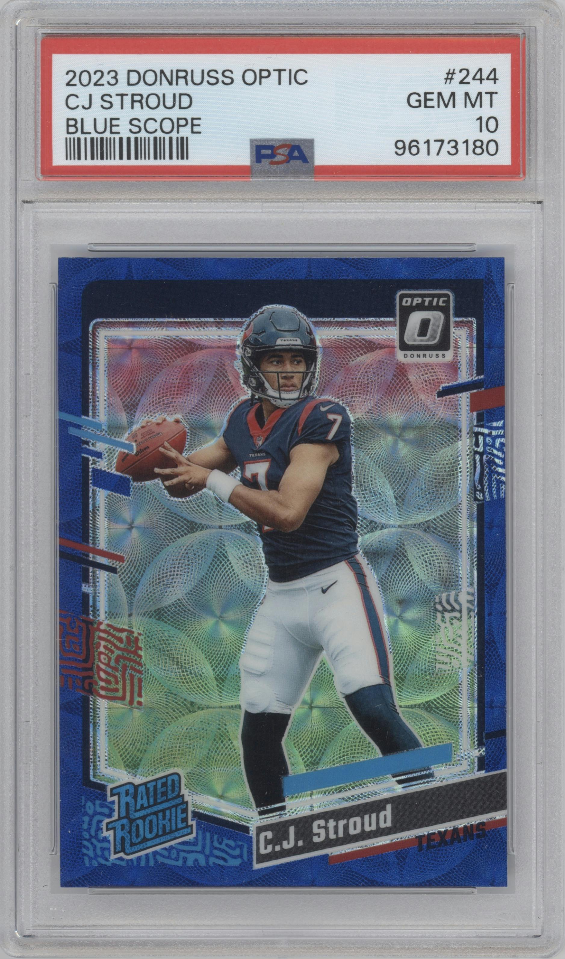 C.J. Stroud from the 2023 Donruss Optic set featuring a Blue Scope parallel graded by PSA and given an overall grade of 10.