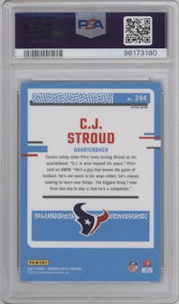 C.J. Stroud from the 2023 Donruss Optic set featuring a Blue Scope parallel graded by PSA and given an overall grade of 10.