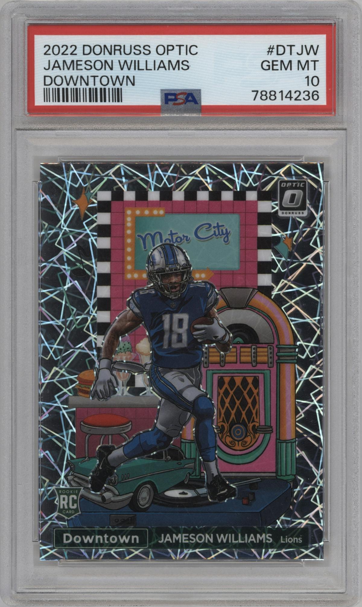 Jameson Williams from the 2022 Panini Donruss Optic set graded by PSA and given an overall grade of 10.