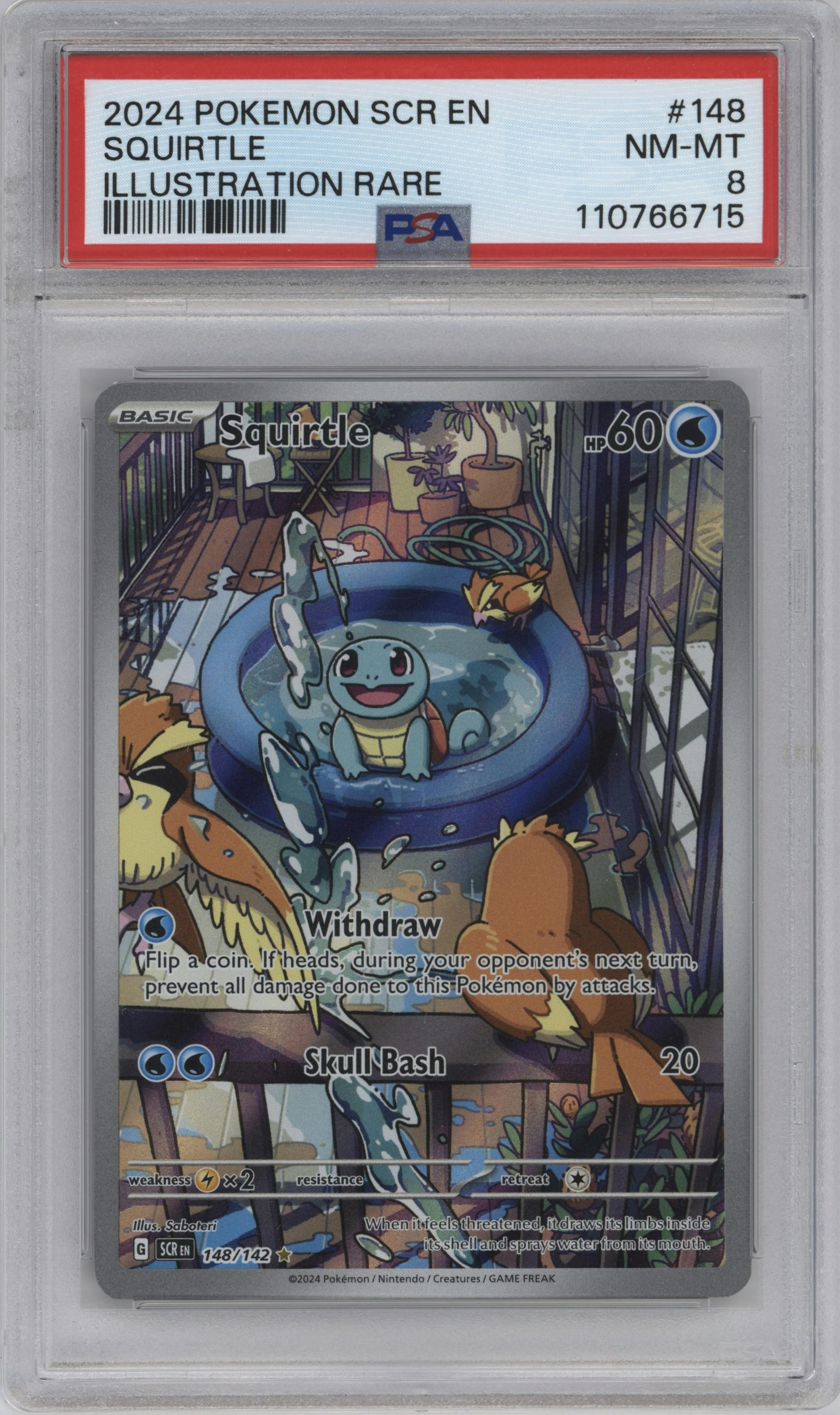 Squirtle from the 2024 Pokemon SV set graded by PSA and given an overall grade of 8.