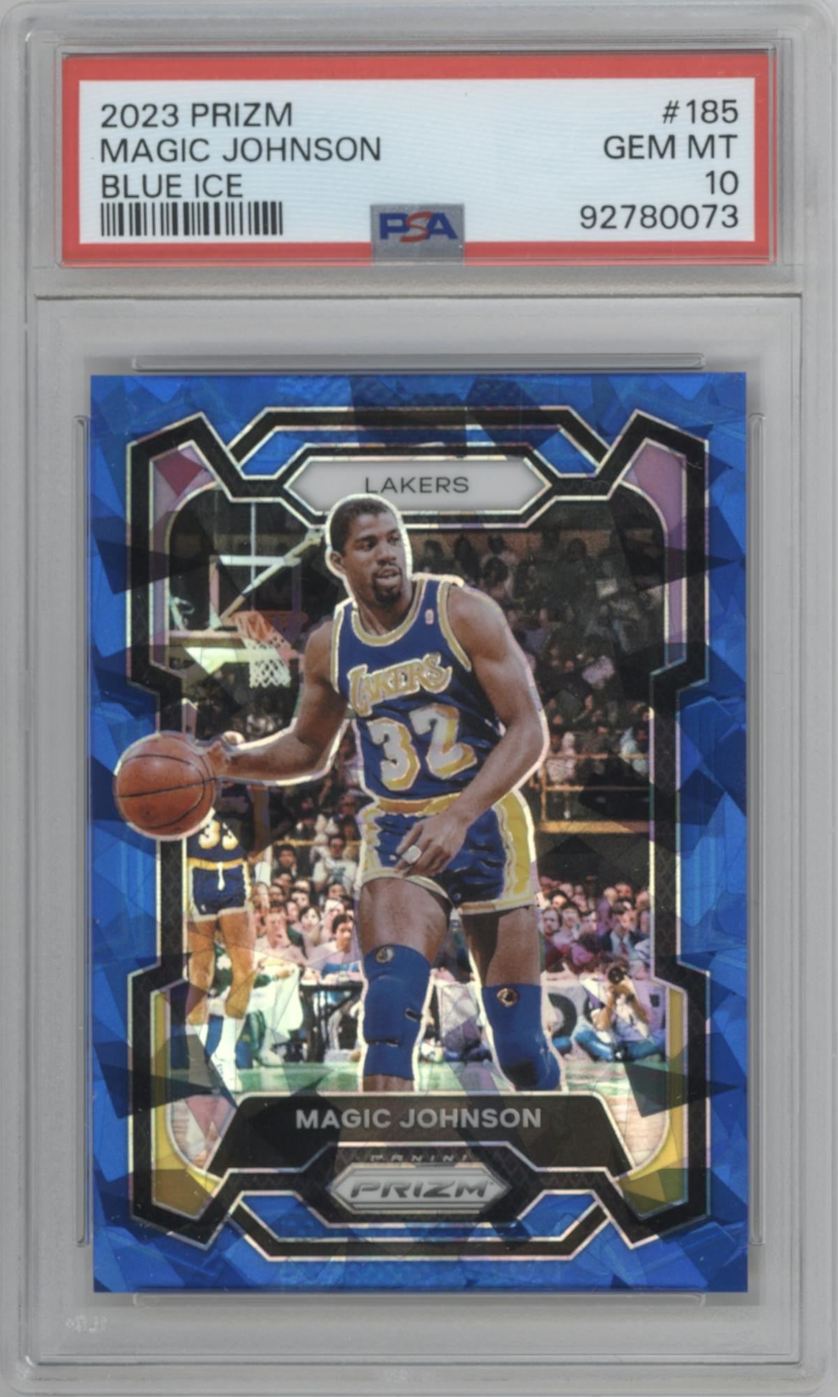 Magic Johnson from the 2023-24 Panini Prizm set featuring a Blue Ice parallel graded by PSA and given an overall grade of 10.