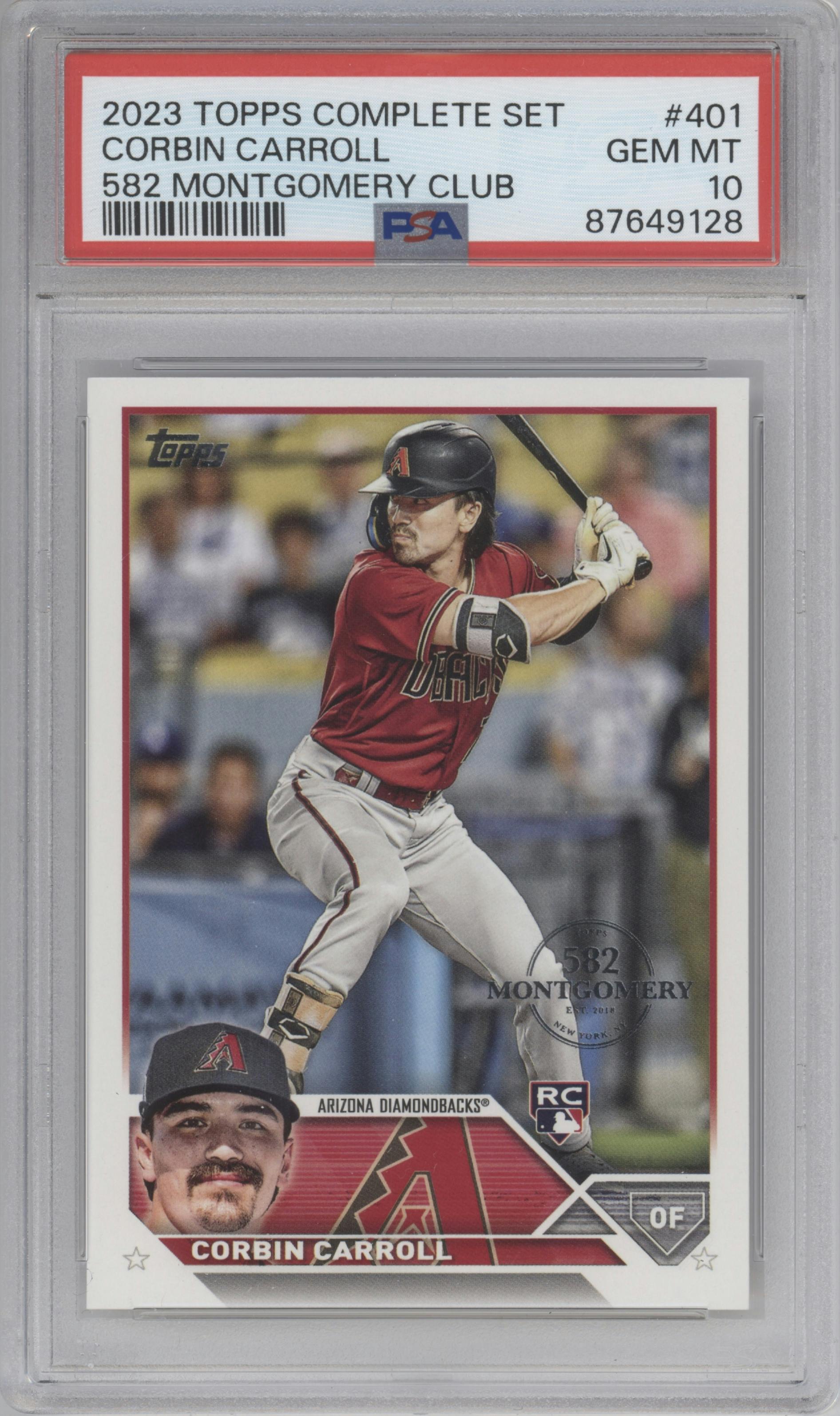 Corbin Carroll from the 2023 Topps Complete set featuring a 582 Montgomery Club parallel graded by PSA and given an overall grade of 10.