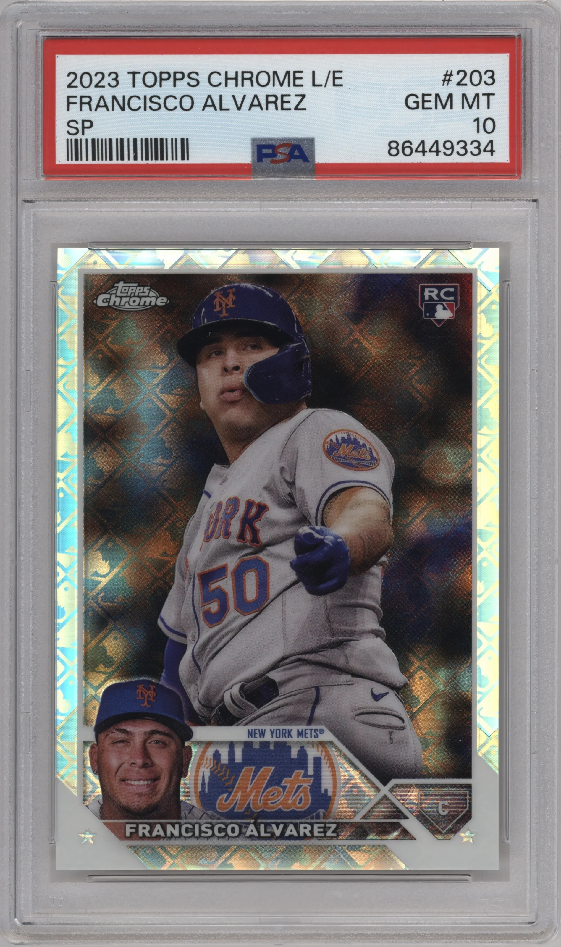 Francisco Alvarez from the 2023 Topps Chrome Logofractor Edition set graded by PSA and given an overall grade of 10.