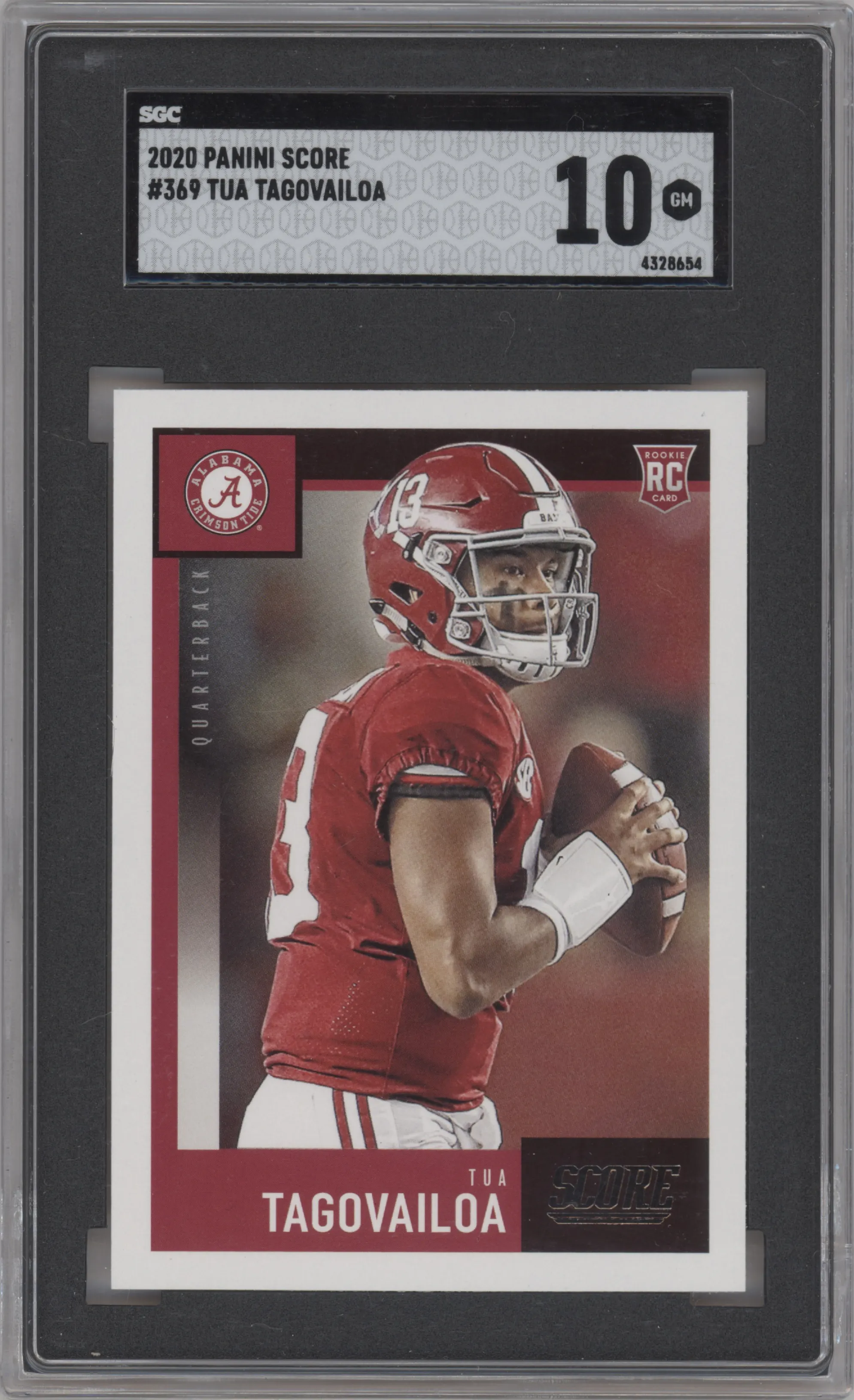 Tua Tagovailoa from the 2020 Panini Score set graded by SGC and given an overall grade of 10.