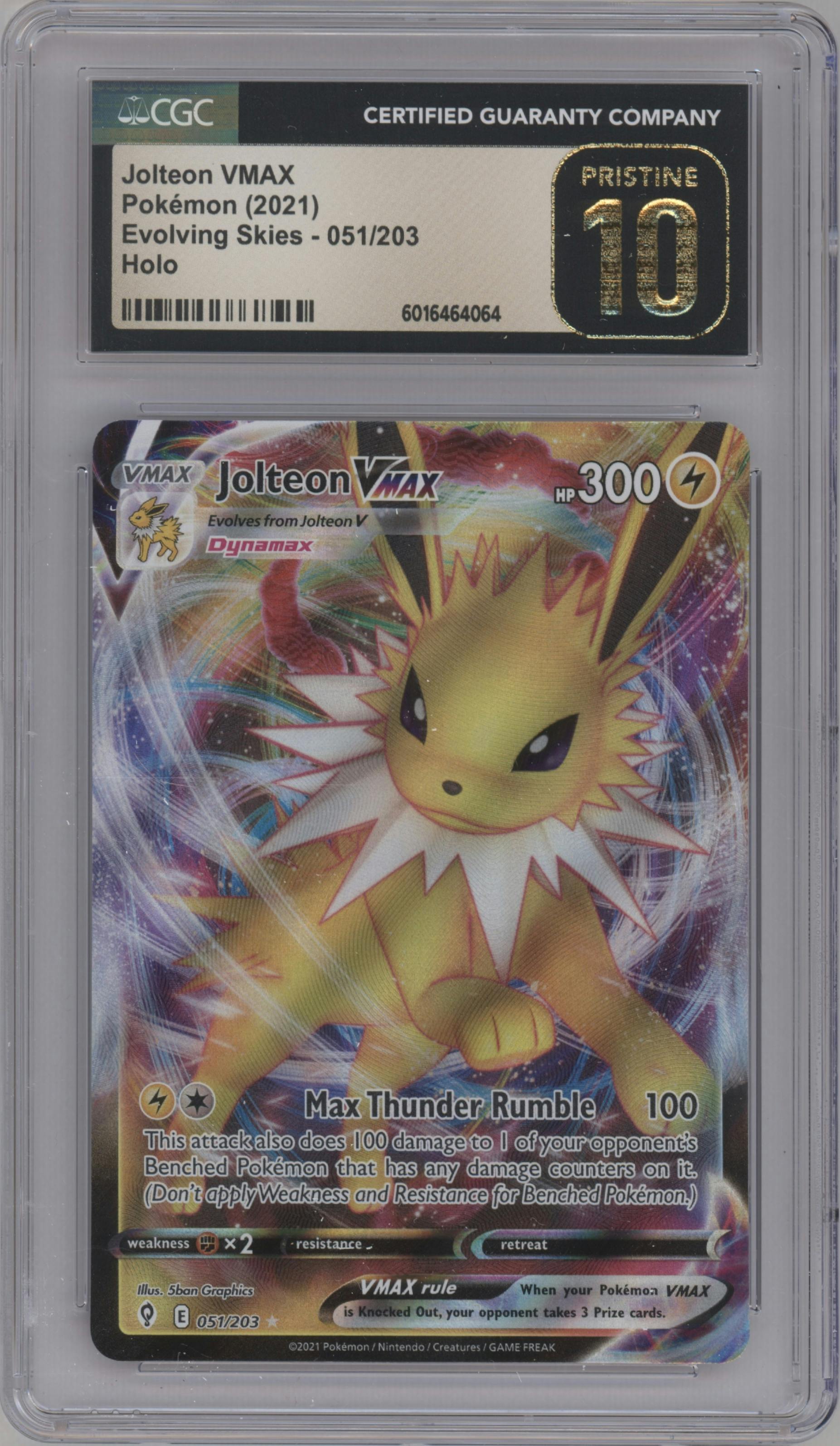 Jolteon VMAX from the 2021 Pokemon SWSH set graded by CSG and given an overall grade of 10.