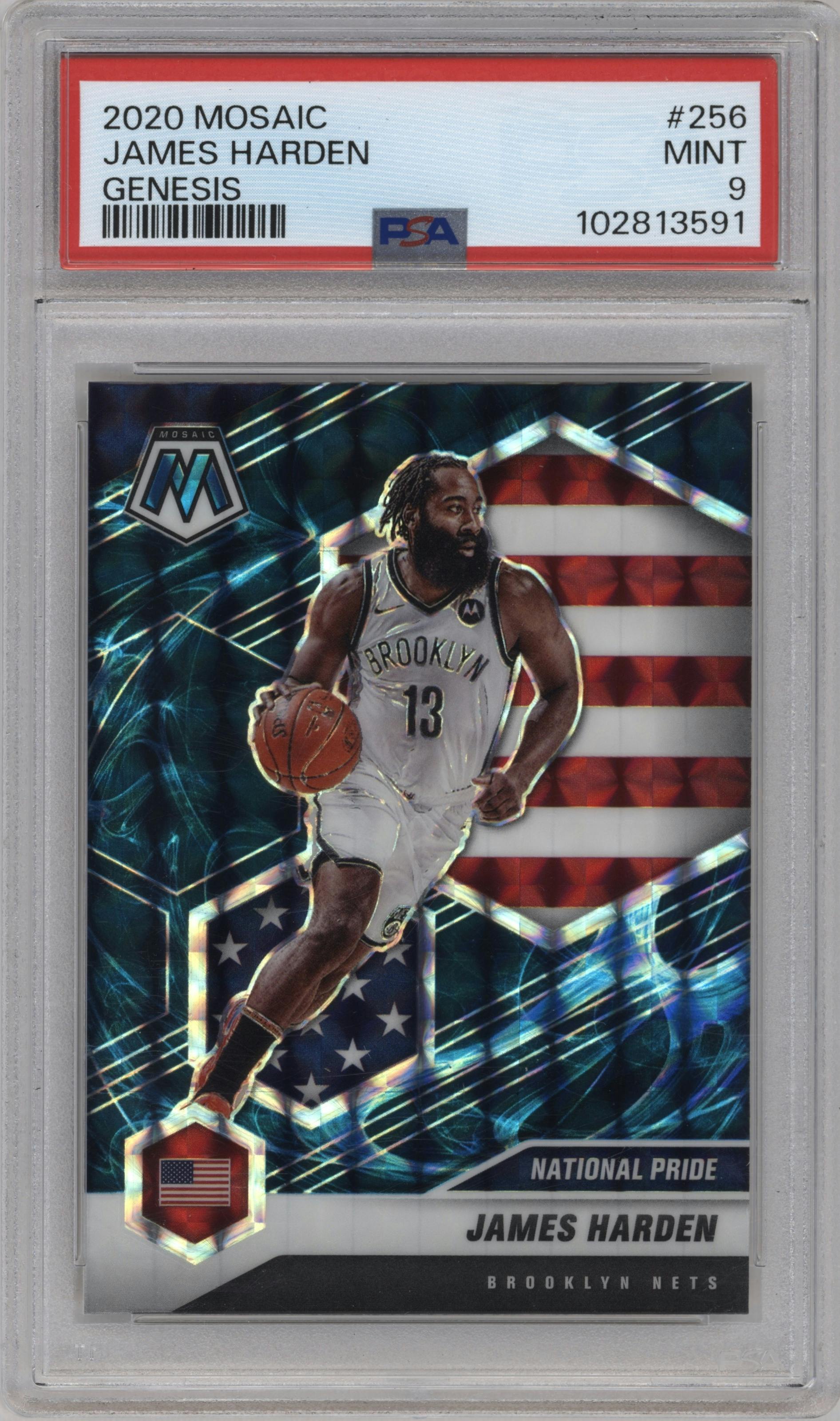 James Harden from the 2020-21 Panini Mosaic set featuring a Genesis  parallel graded by PSA and given an overall grade of 9.