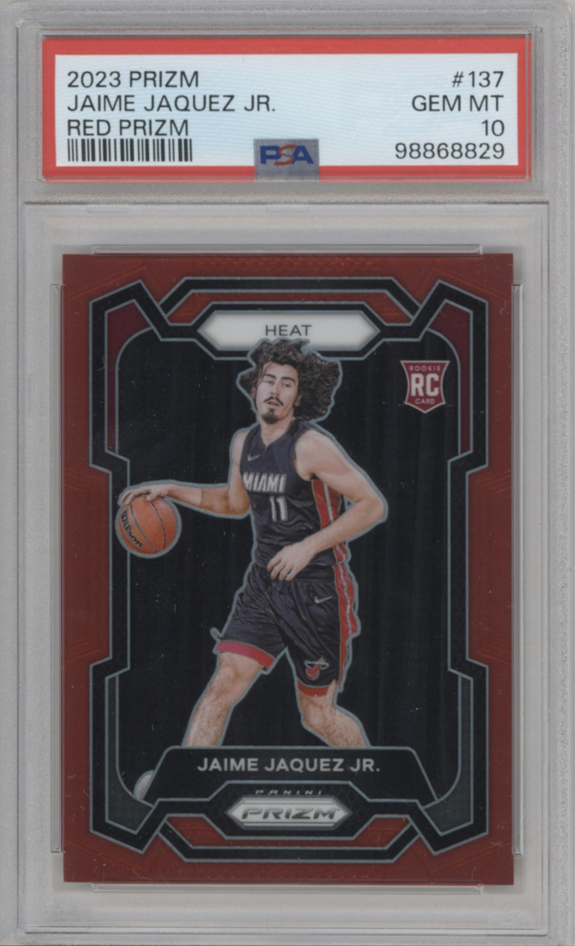 Jaime Jaquez Jr. from the 2023-24 Panini Prizm set featuring a Red Prizm parallel graded by PSA and given an overall grade of 10.
