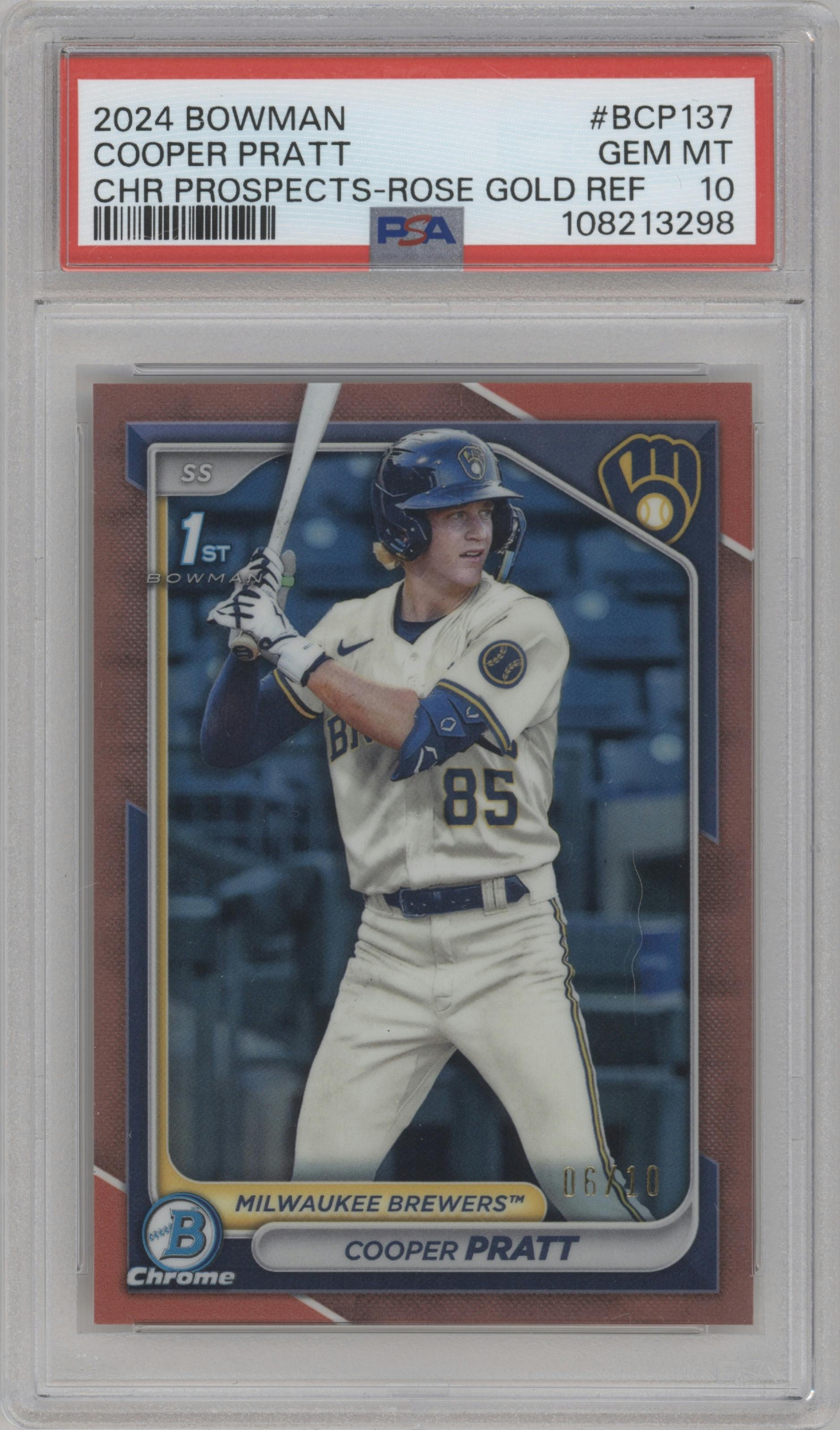 Cooper Pratt from the 2024 Bowman set featuring a Rose Gold Refractor parallel graded by PSA and given an overall grade of 10.