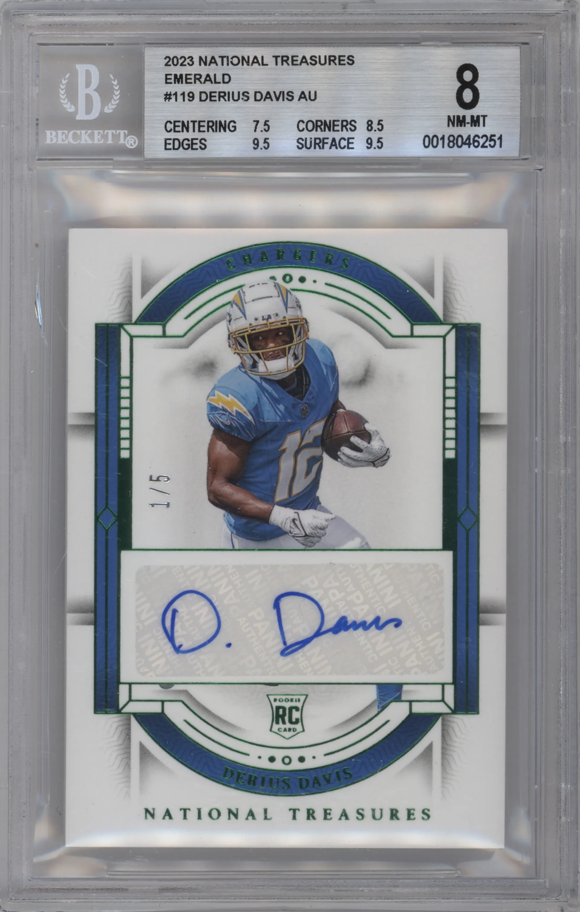 2023 Panini National Treasures Rke.Sig. Derius Davis Emerald BGS 8