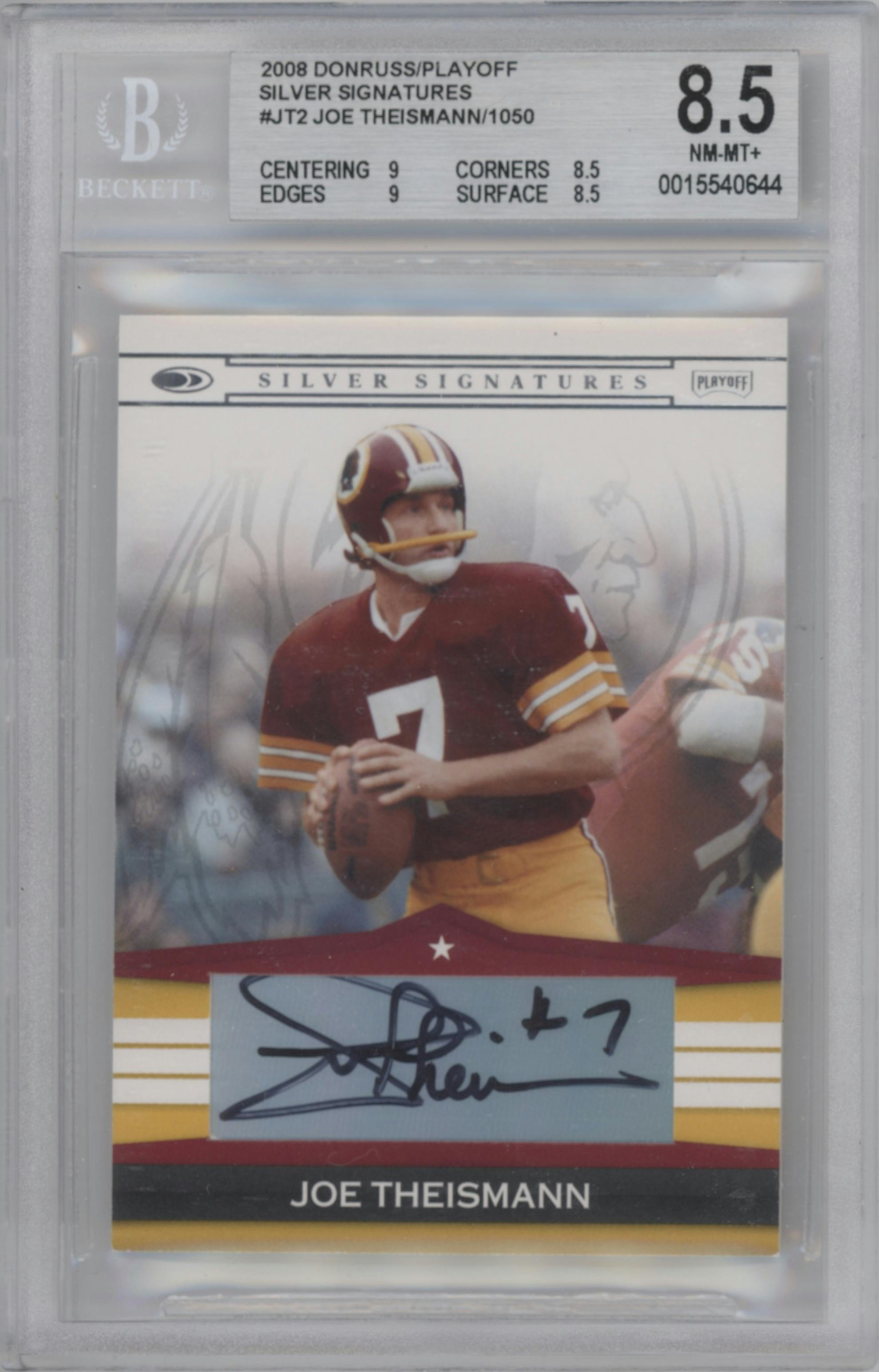 Joe Theismann from the 2008 Donruss Playoff Silver Signatures set graded by Beckett and given an overall grade of 8.5.