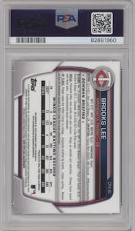 Brooks Lee from the 2023 Bowman  set featuring a Pearl Refractor  parallel graded by PSA and given an overall grade of 10.