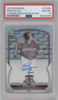 Brooks Lee from the 2023 Bowman  set featuring a Pearl Refractor  parallel graded by PSA and given an overall grade of 10.