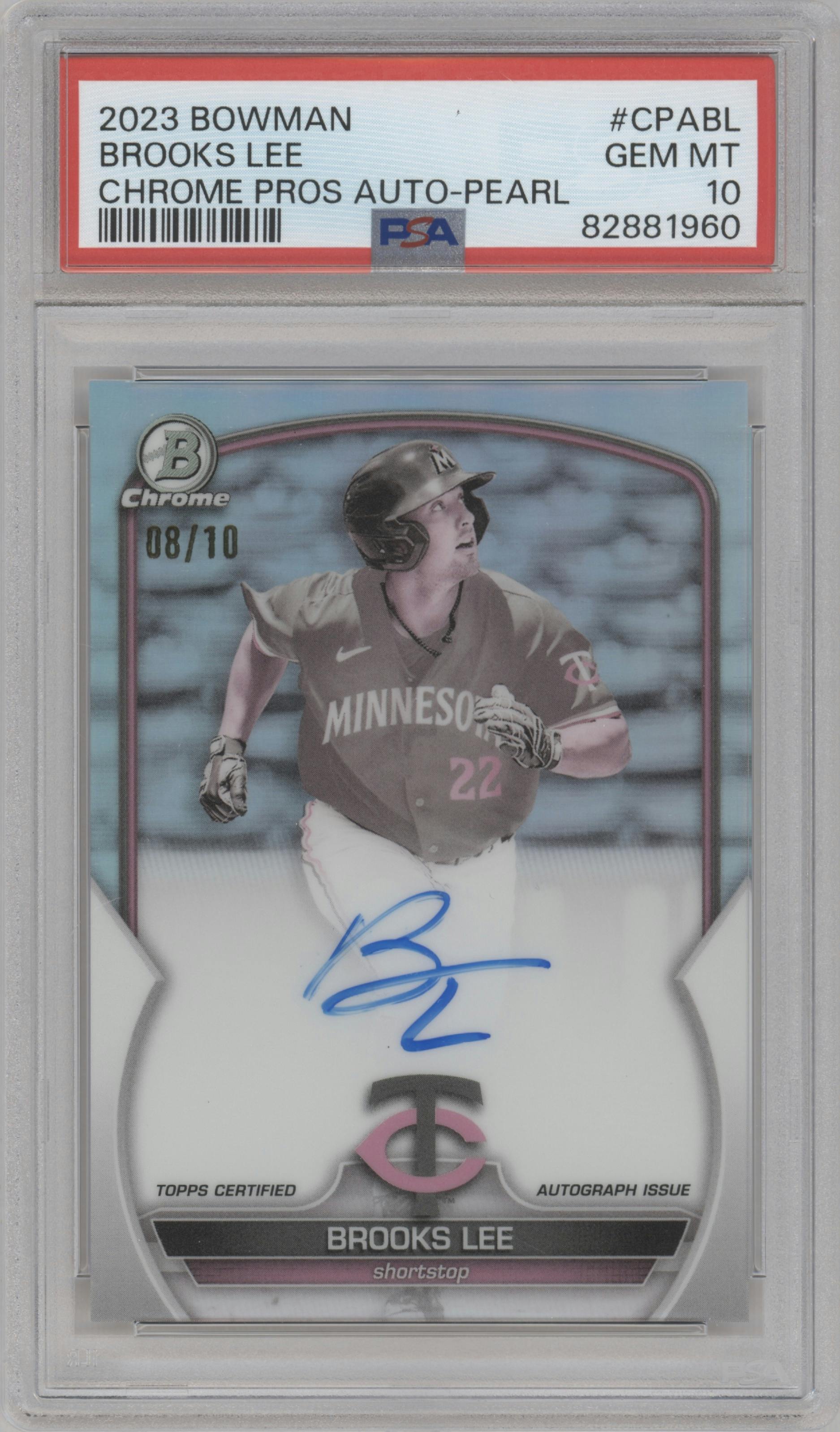 Brooks Lee from the 2023 Bowman  set featuring a Pearl Refractor  parallel graded by PSA and given an overall grade of 10.