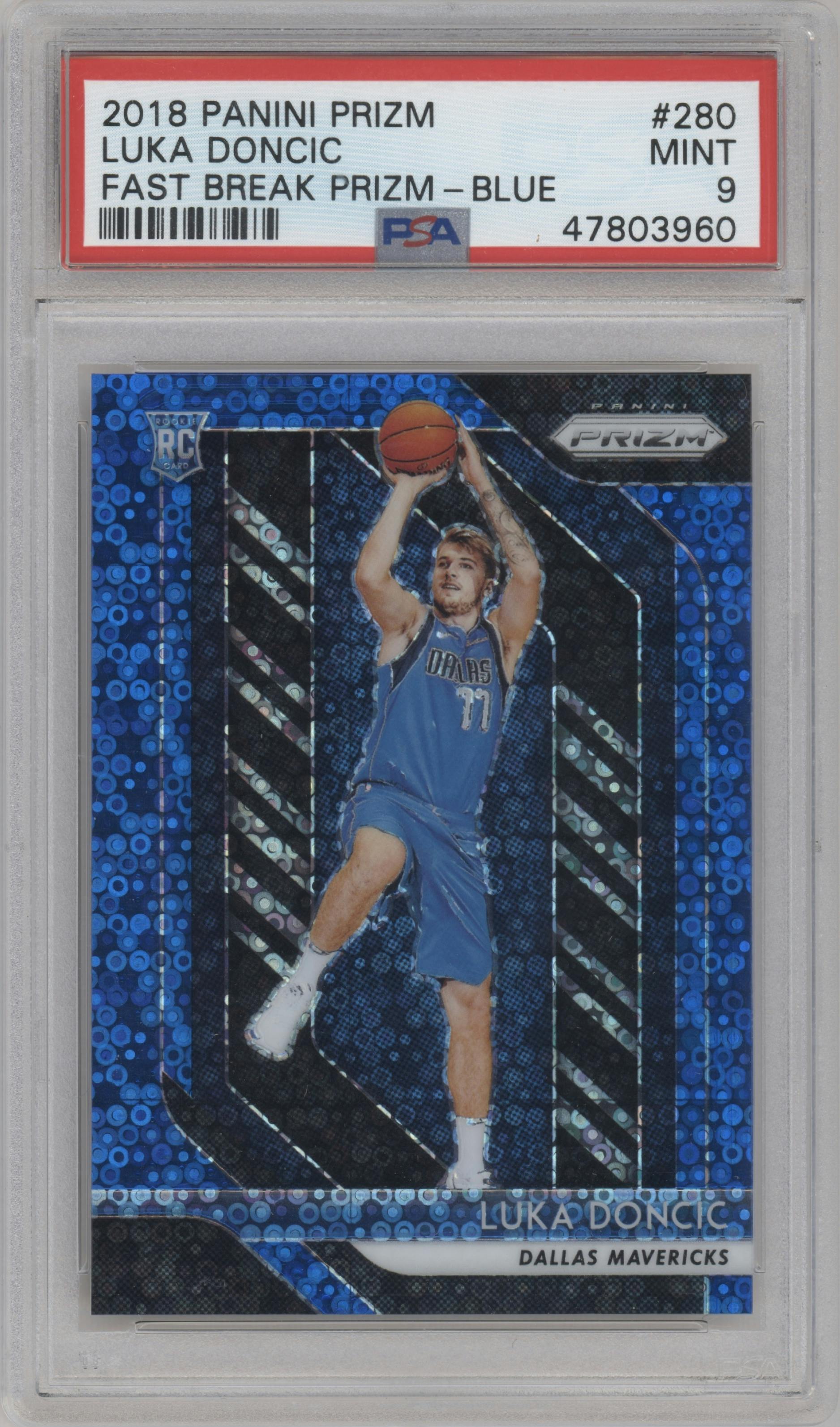 Luka Doncic from the 2018-19 Panini Prizm set featuring a Fast Break Blue parallel graded by PSA and given an overall grade of 9.
