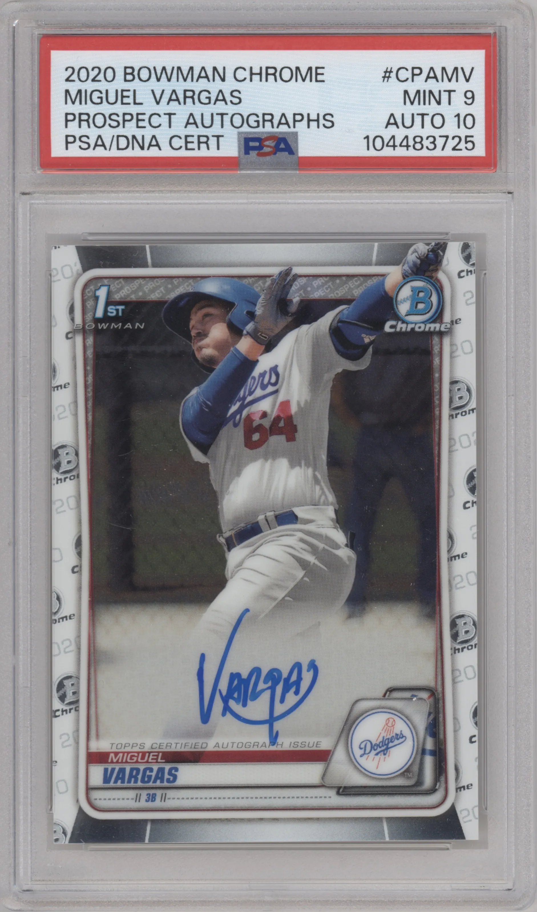 Miguel Vargas from the 2020 Bowman Chrome set graded by PSA and given an overall grade of 9.