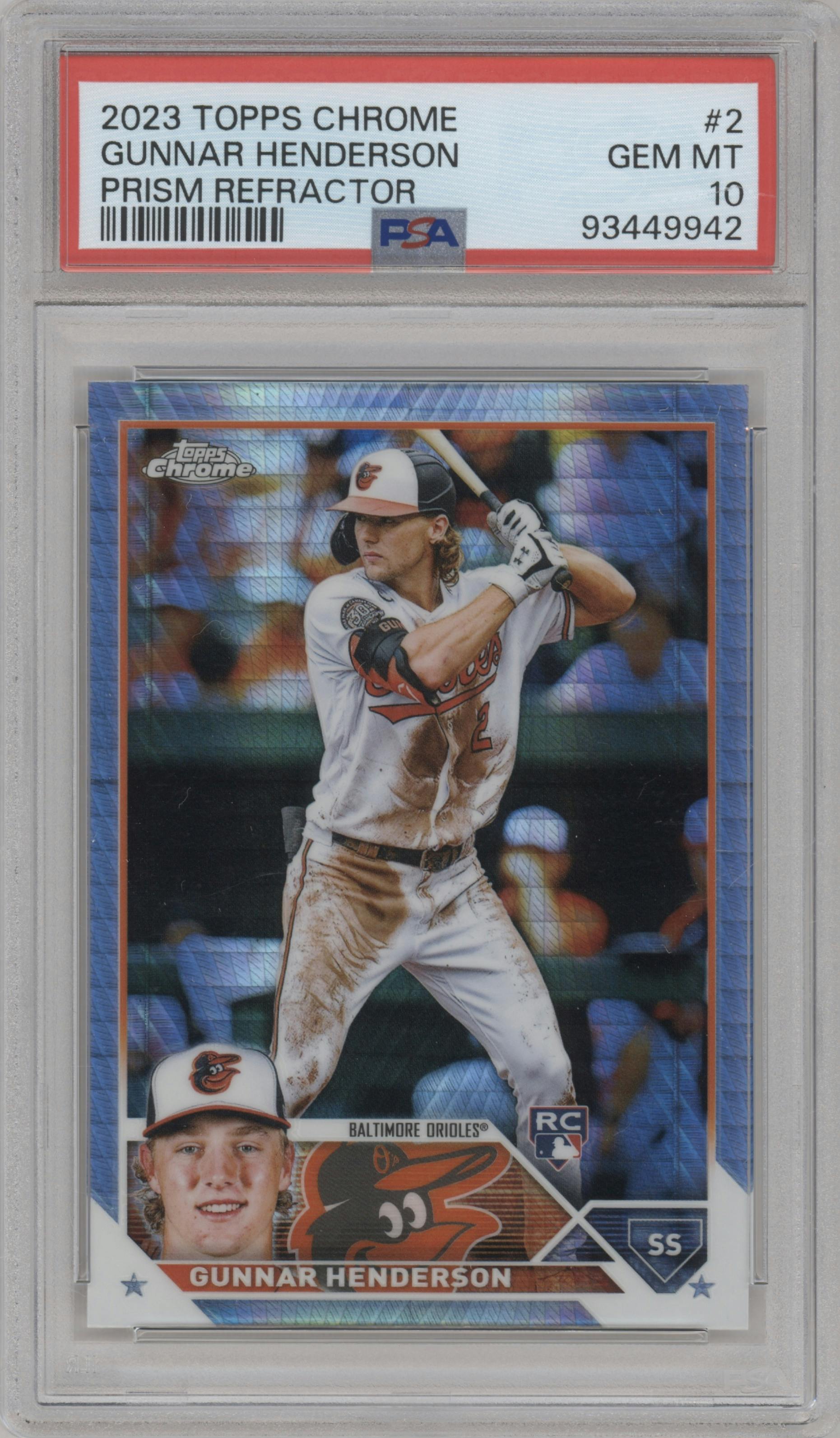 Gunnar Henderson from the 2023 Topps Chrome set featuring a Prism Refractor parallel graded by PSA and given an overall grade of 10.