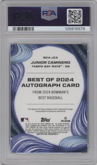 Junior Caminero from the 2024 Bowman's Best set featuring a Teal Refractor parallel graded by PSA and given an overall grade of 10.
