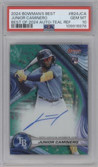 Junior Caminero from the 2024 Bowman's Best set featuring a Teal Refractor parallel graded by PSA and given an overall grade of 10.