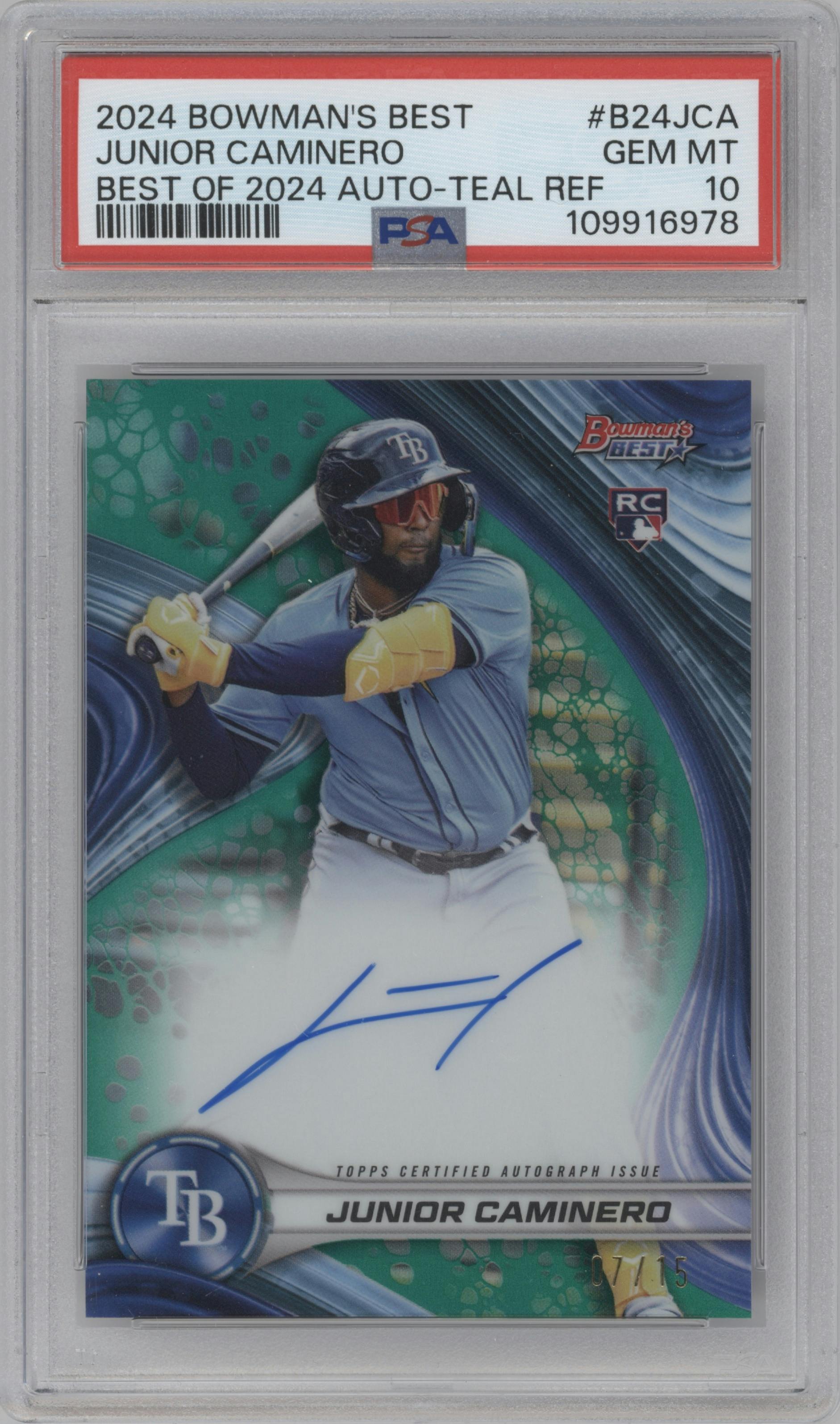 Junior Caminero from the 2024 Bowman's Best set featuring a Teal Refractor parallel graded by PSA and given an overall grade of 10.