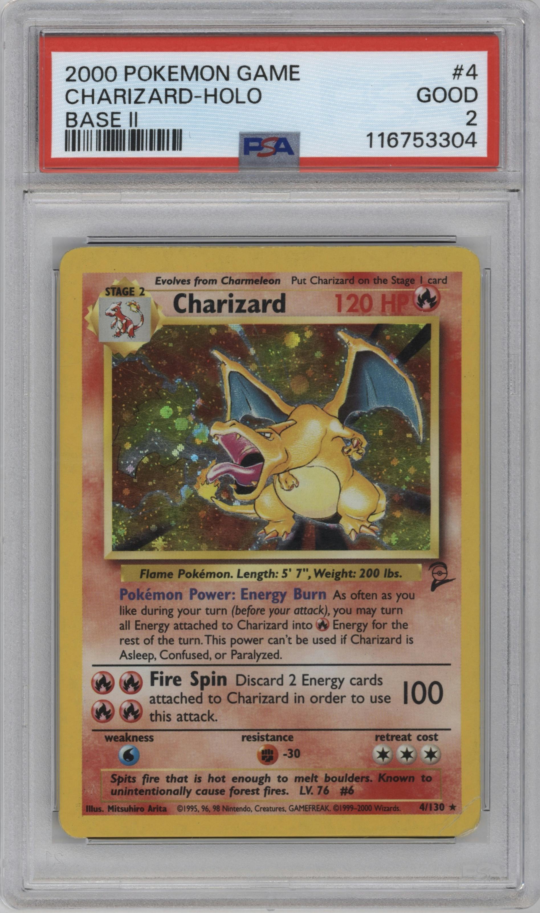 Charizard from the 2000 Pokemon set graded by PSA and given an overall grade of 2.