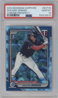 Walker Jenkins from the 2024 Bowman Sapphire Edition set graded by PSA and given an overall grade of 10.