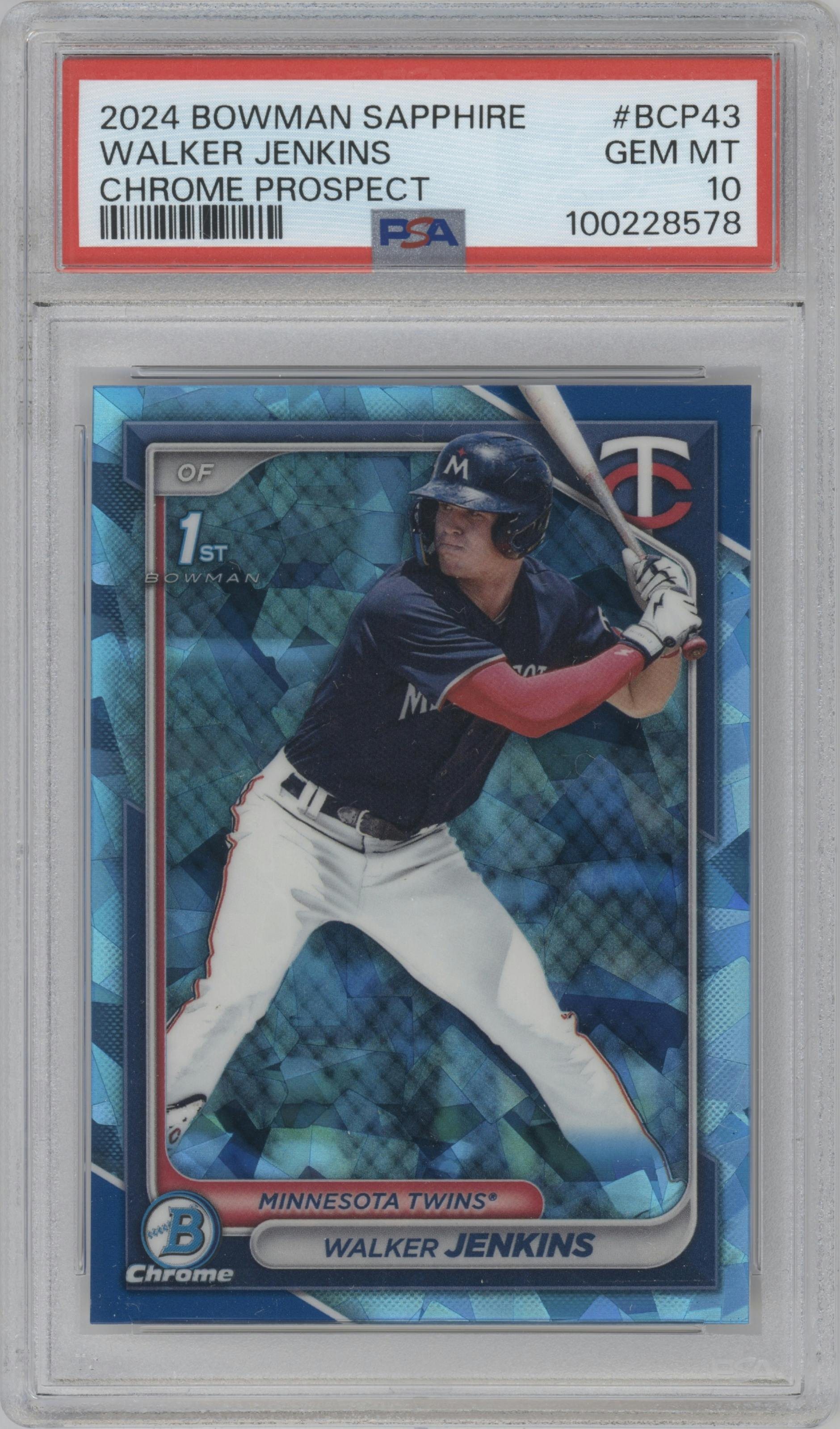 Walker Jenkins from the 2024 Bowman Sapphire Edition set graded by PSA and given an overall grade of 10.