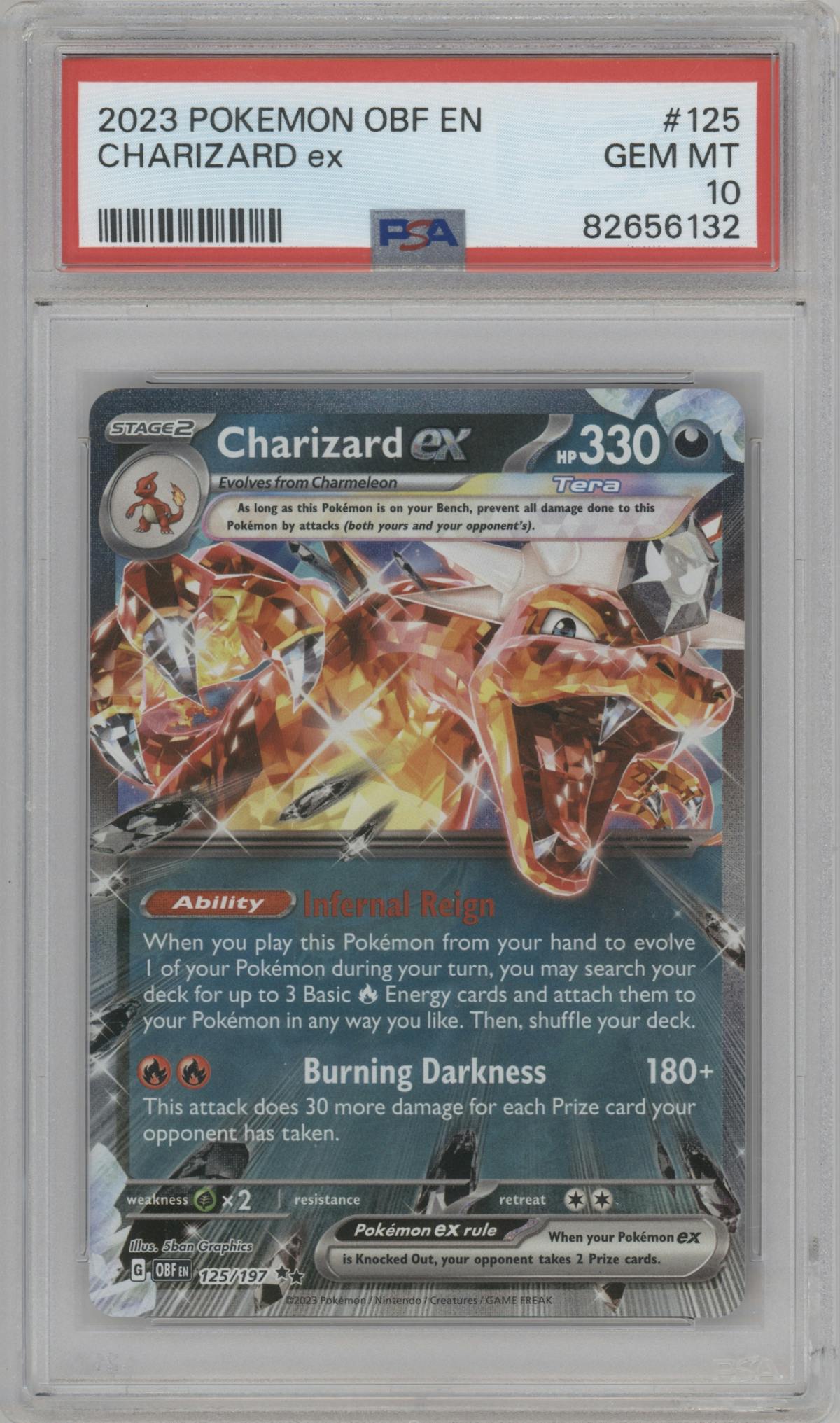 Charizard EX from the 2023 Pokemon SV set graded by PSA and given an overall grade of 10.
