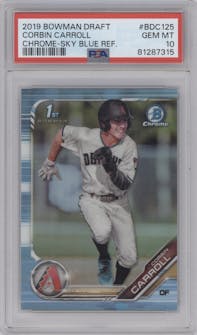 Corbin Carroll from the 2019 Bowman Draft set featuring a Sky Blue Refractor  parallel graded by PSA and given an overall grade of 10.