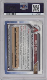 Corbin Carroll from the 2019 Bowman Draft set featuring a Sky Blue Refractor  parallel graded by PSA and given an overall grade of 10.