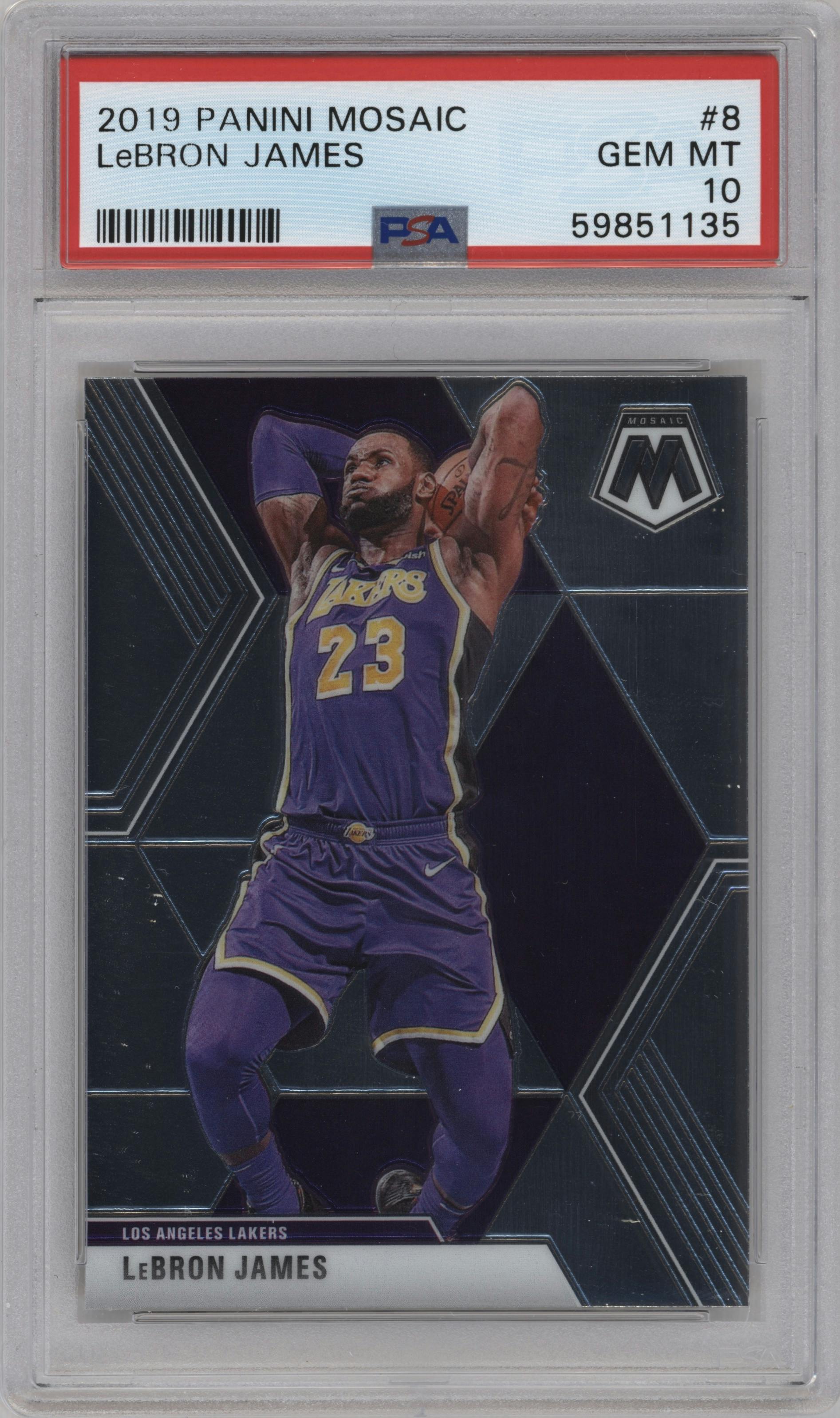 LeBron James from the 2019-20 Panini Mosaic  set graded by PSA and given an overall grade of 10.