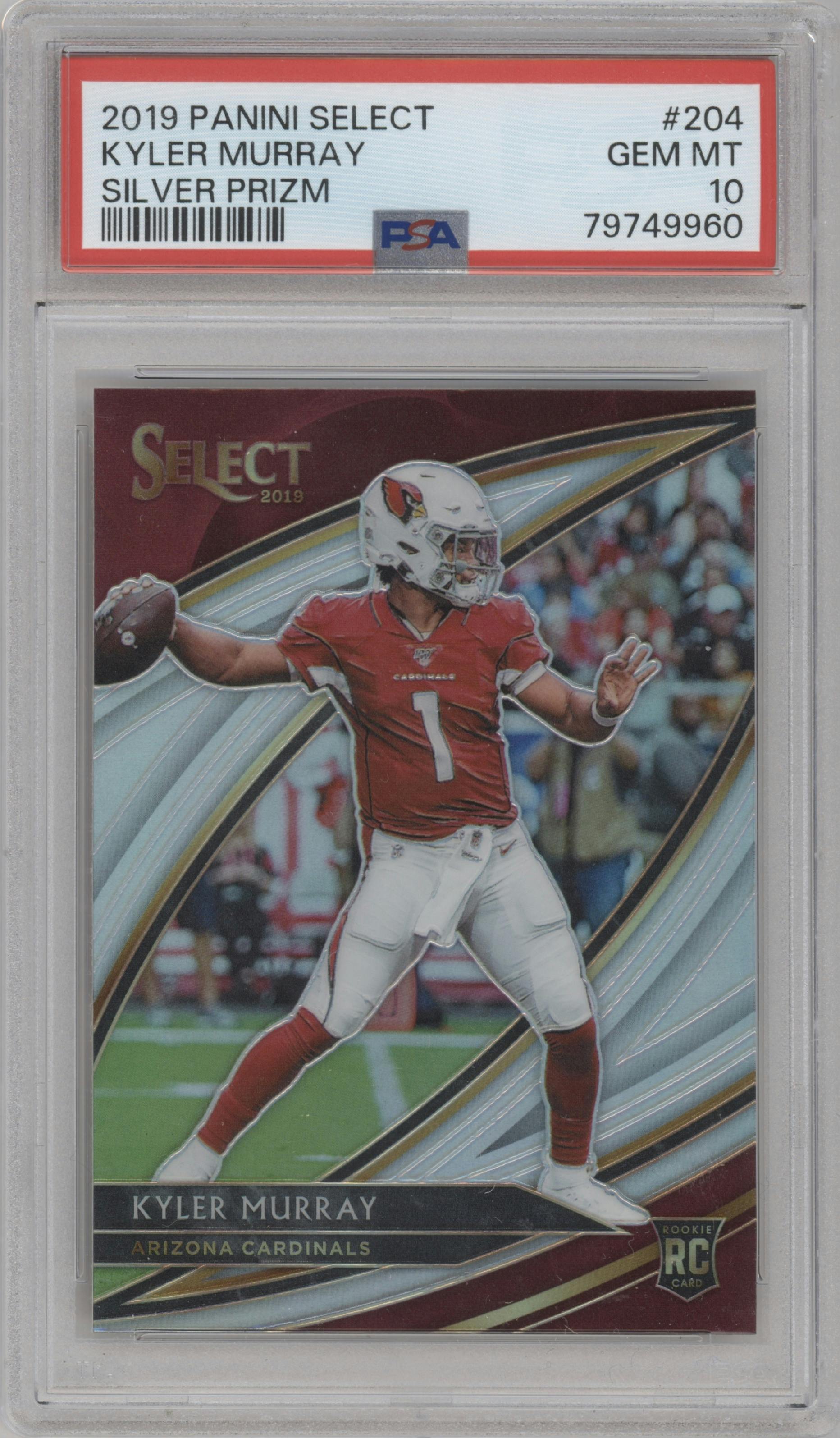 Kyler Murray from the 2019 Panini Select  set featuring a Silver Prizm  parallel graded by PSA and given an overall grade of 10.