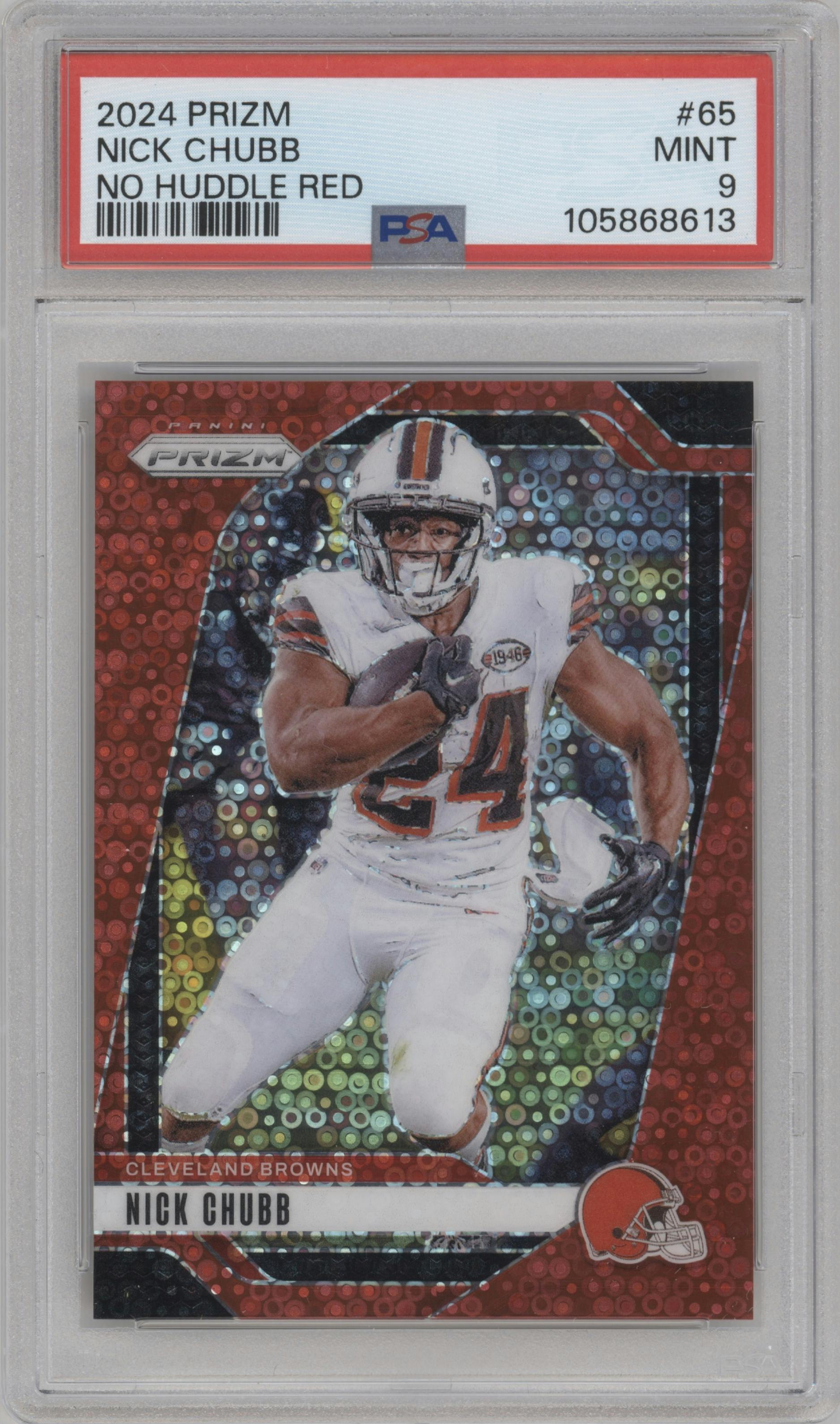 Nick Chubb from the 2024 Panini Prizm set featuring a No Huddle Red Prizms parallel graded by PSA and given an overall grade of 9.