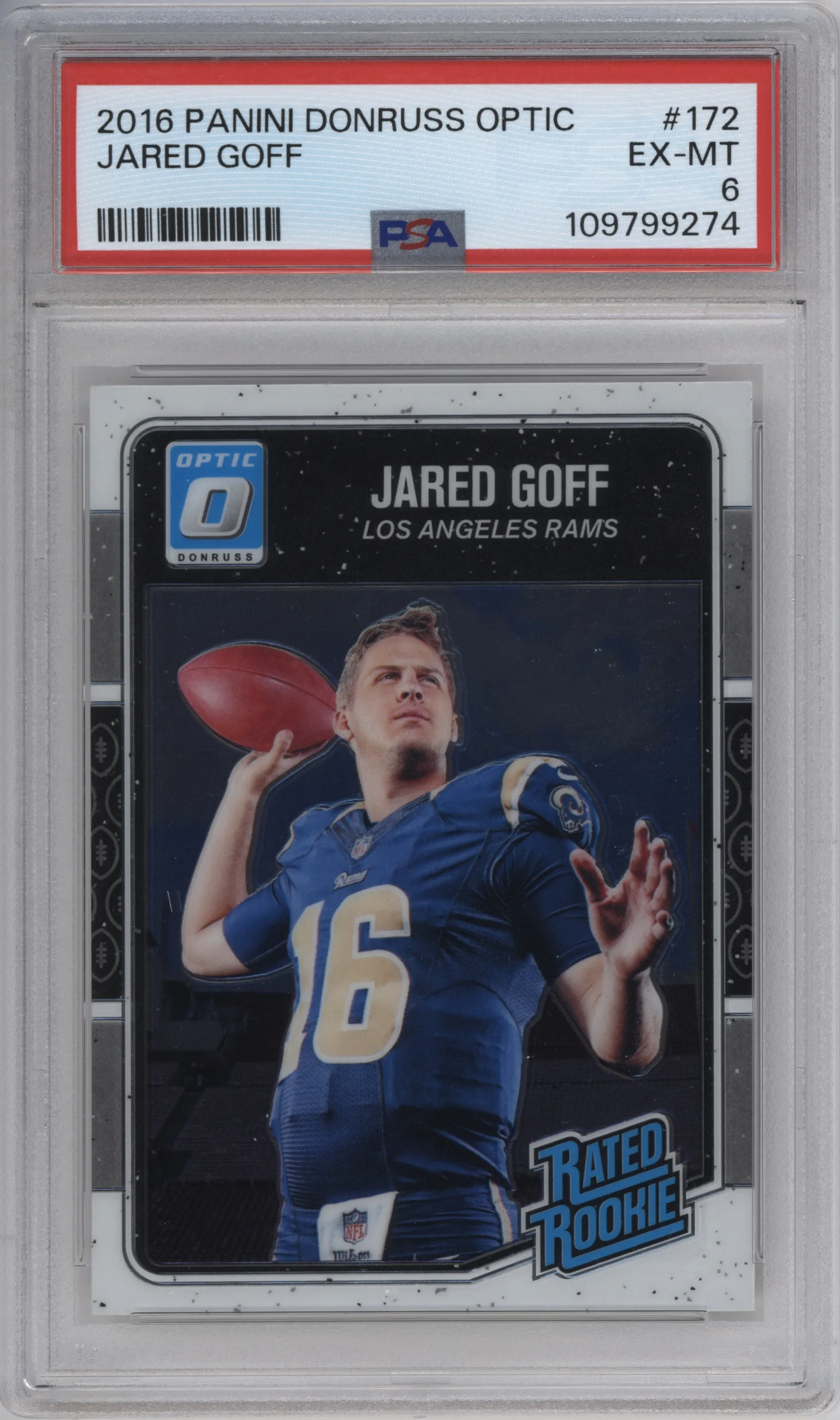 Jared Goff from the 2016 Panini Donruss Optic set graded by PSA and given an overall grade of 6.