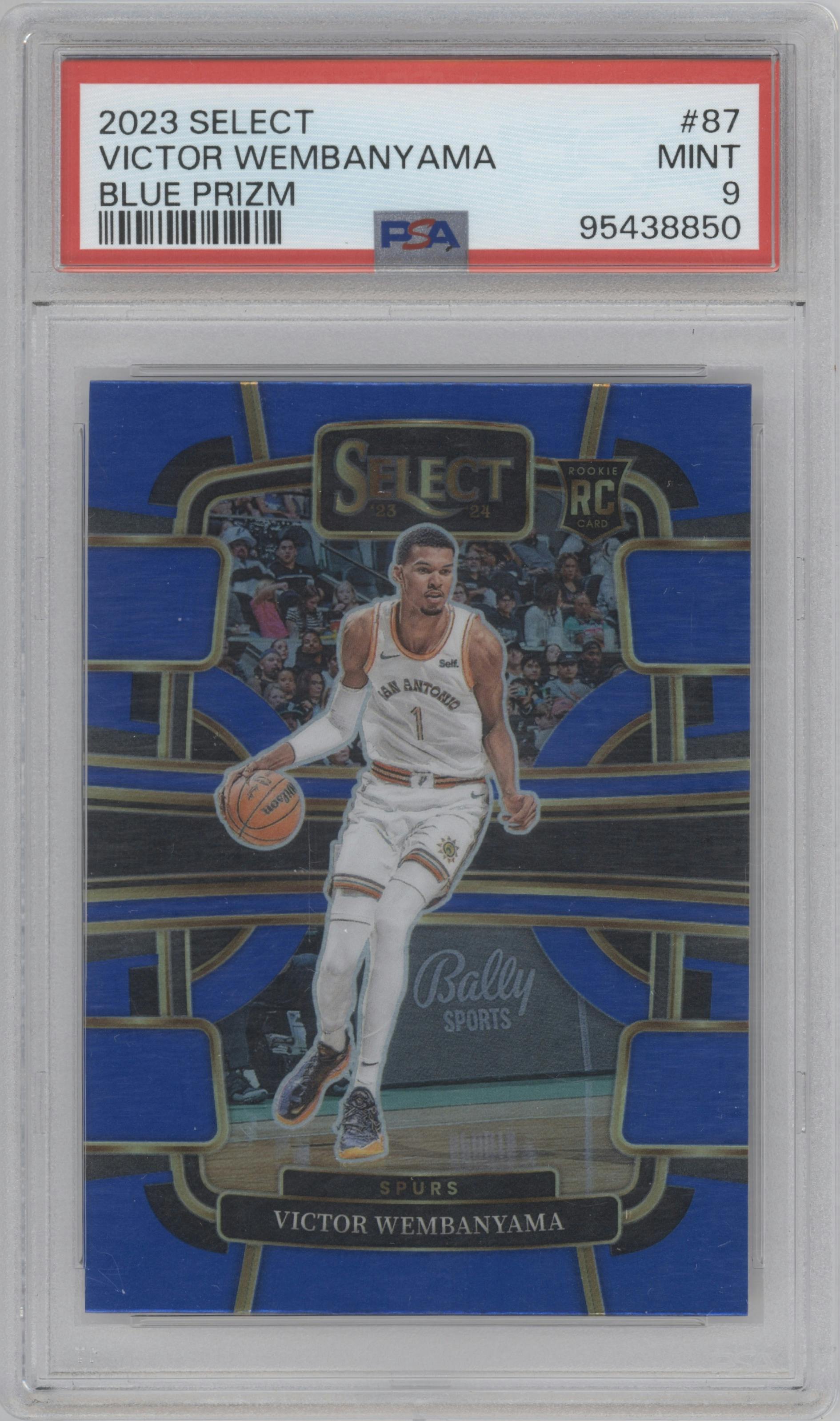 Victor Wembanyama from the 2023-24 Panini Select  set featuring a Blue Prizm parallel graded by PSA and given an overall grade of 9.