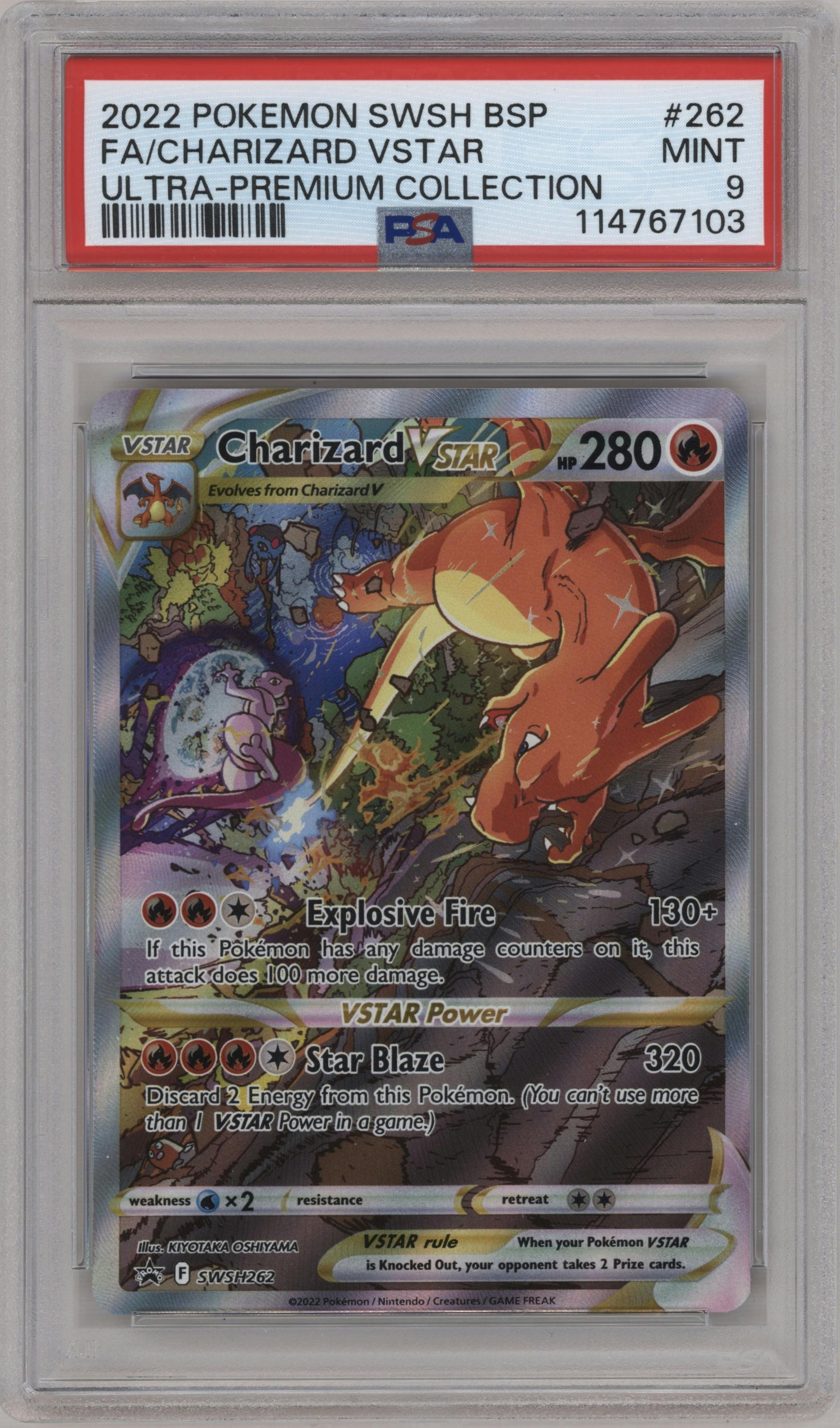 Charizard VSTAR from the 2022 Pokemon SWSH set featuring a Ultra Premium Collection parallel graded by PSA and given an overall grade of 9.