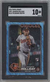 Jackson Holliday from the 2024 Topps Update set featuring a Blue Holo Foilboard parallel graded by SGC and given an overall grade of 10.