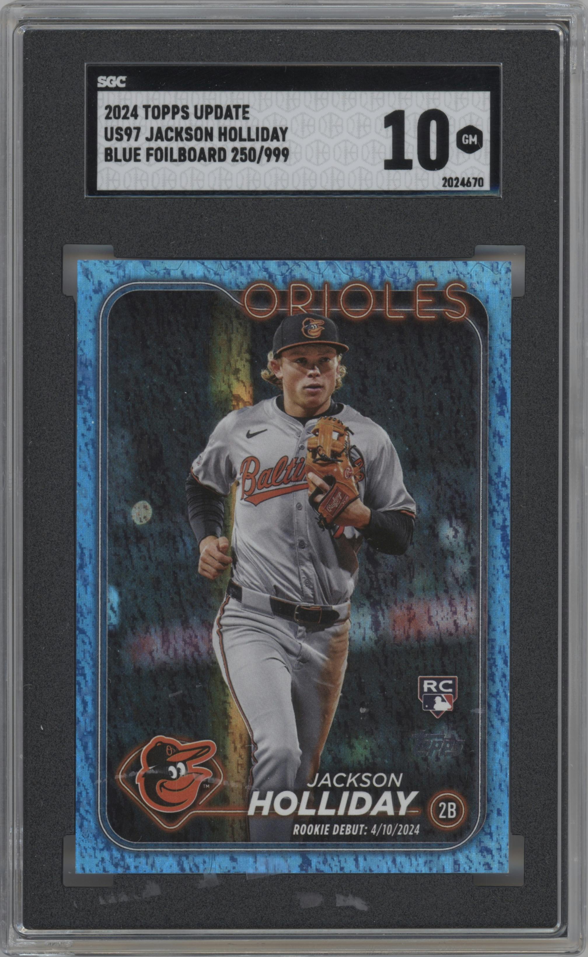 Jackson Holliday from the 2024 Topps Update set featuring a Blue Holo Foilboard parallel graded by SGC and given an overall grade of 10.