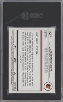 Jackson Holliday from the 2024 Topps Update set featuring a Blue Holo Foilboard parallel graded by SGC and given an overall grade of 10.
