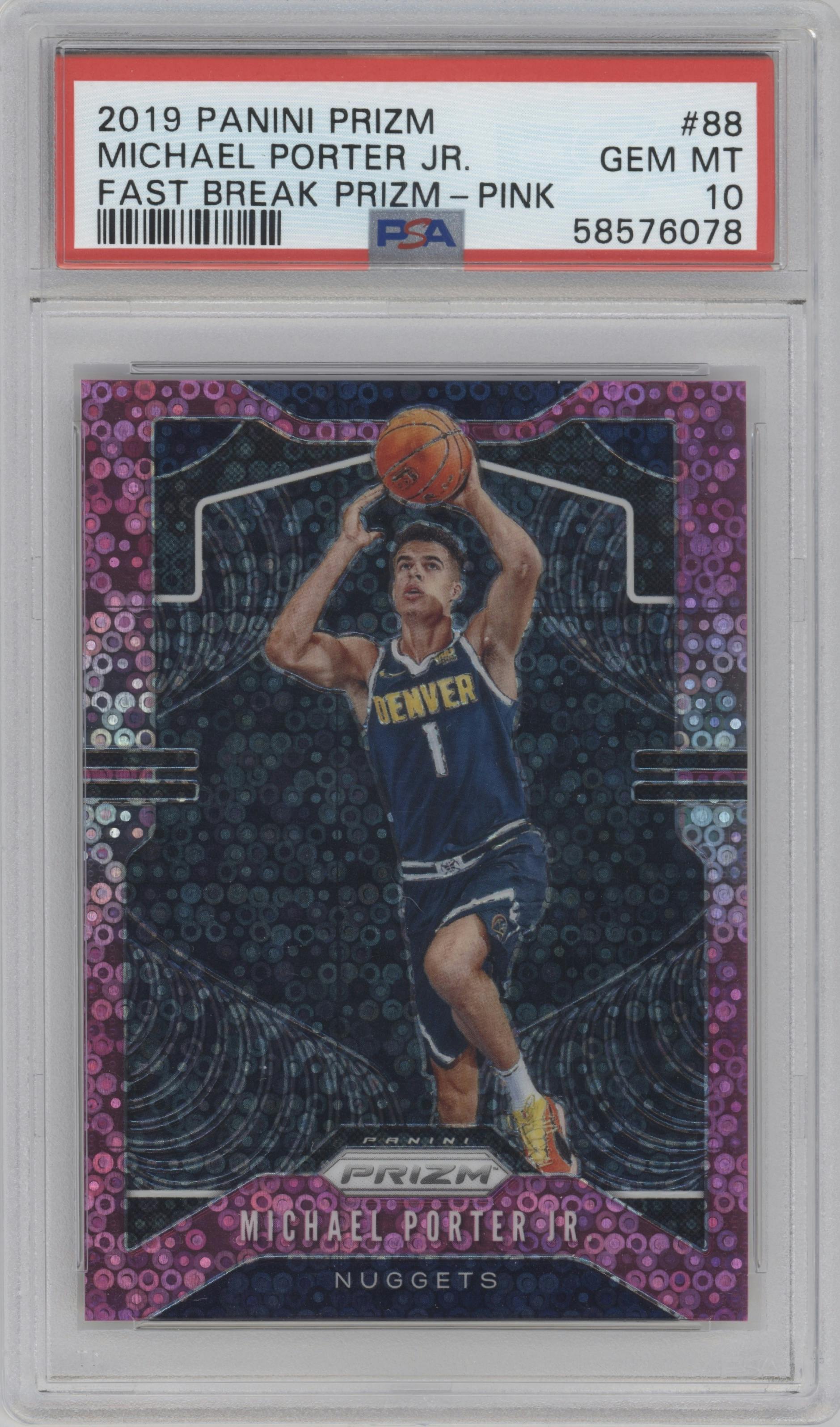 Michael Porter Jr. from the 2019-20 Panini Prizm set featuring a Fast Break Pink parallel graded by PSA and given an overall grade of 10.