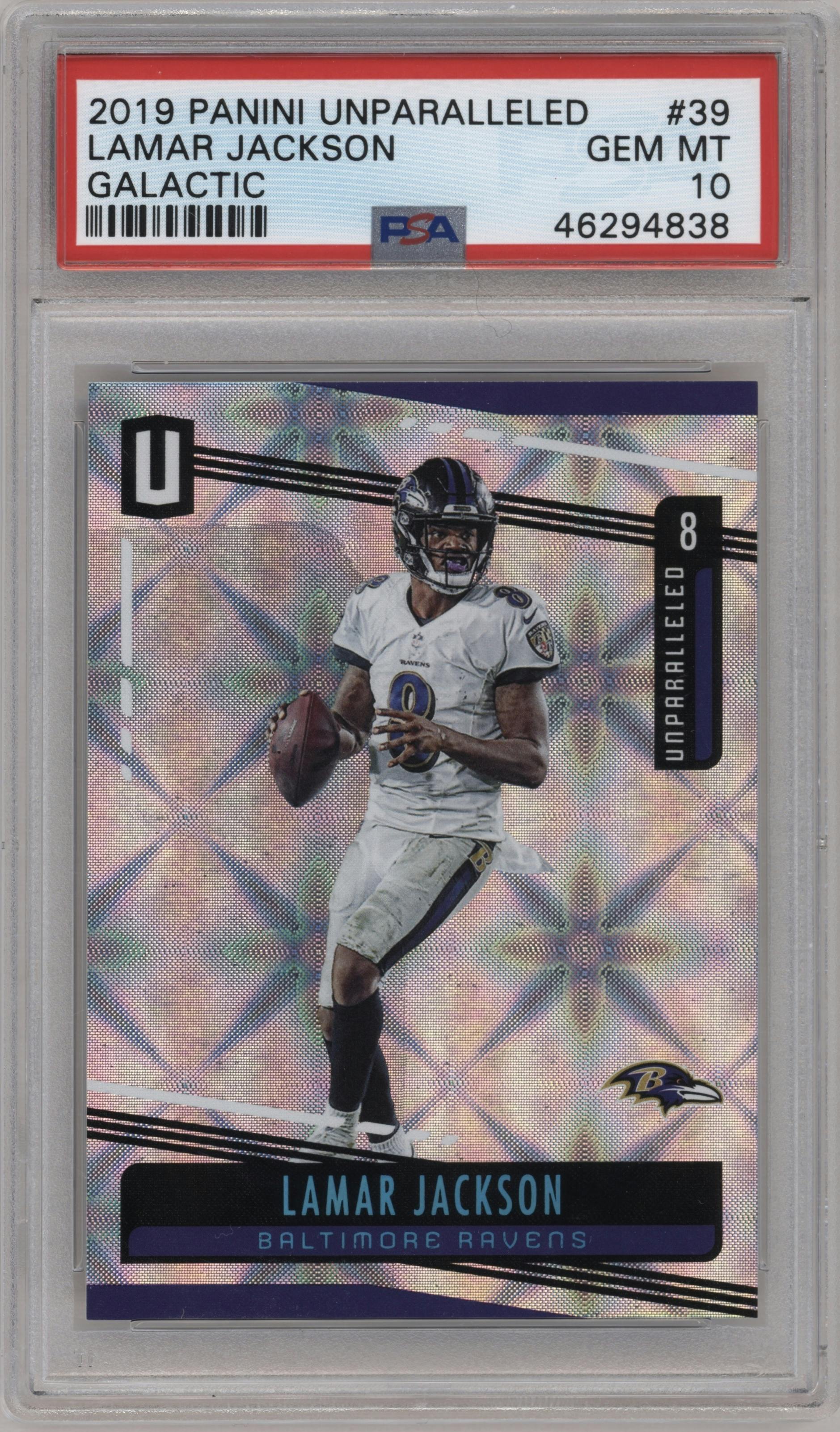 Lamar Jackson from the 2019 Panini Unparalleled set featuring a Galactic parallel graded by PSA and given an overall grade of 10.