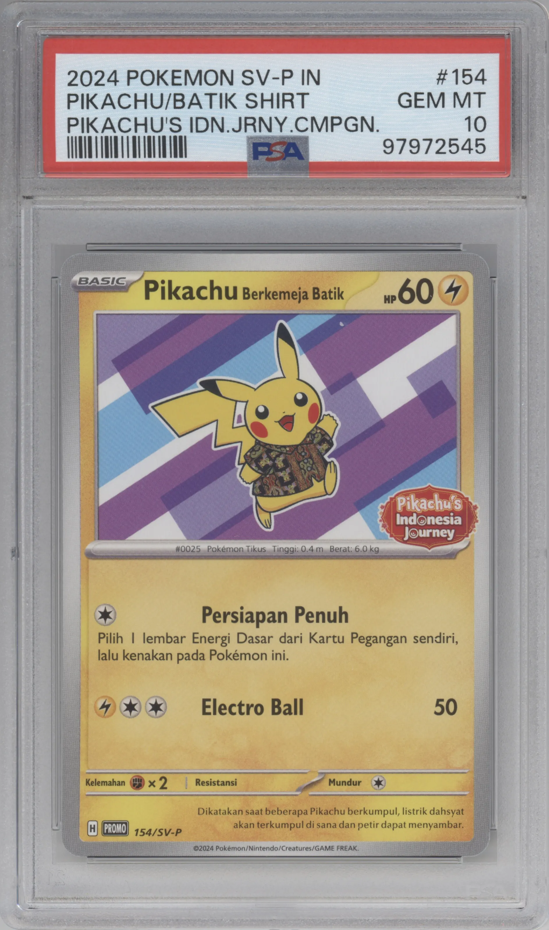 Pikachu Batik Shirt from the 2024 Pokemon SV IDN set featuring a Pikachu's Indonesia Journey parallel graded by PSA and given an overall grade of 10.